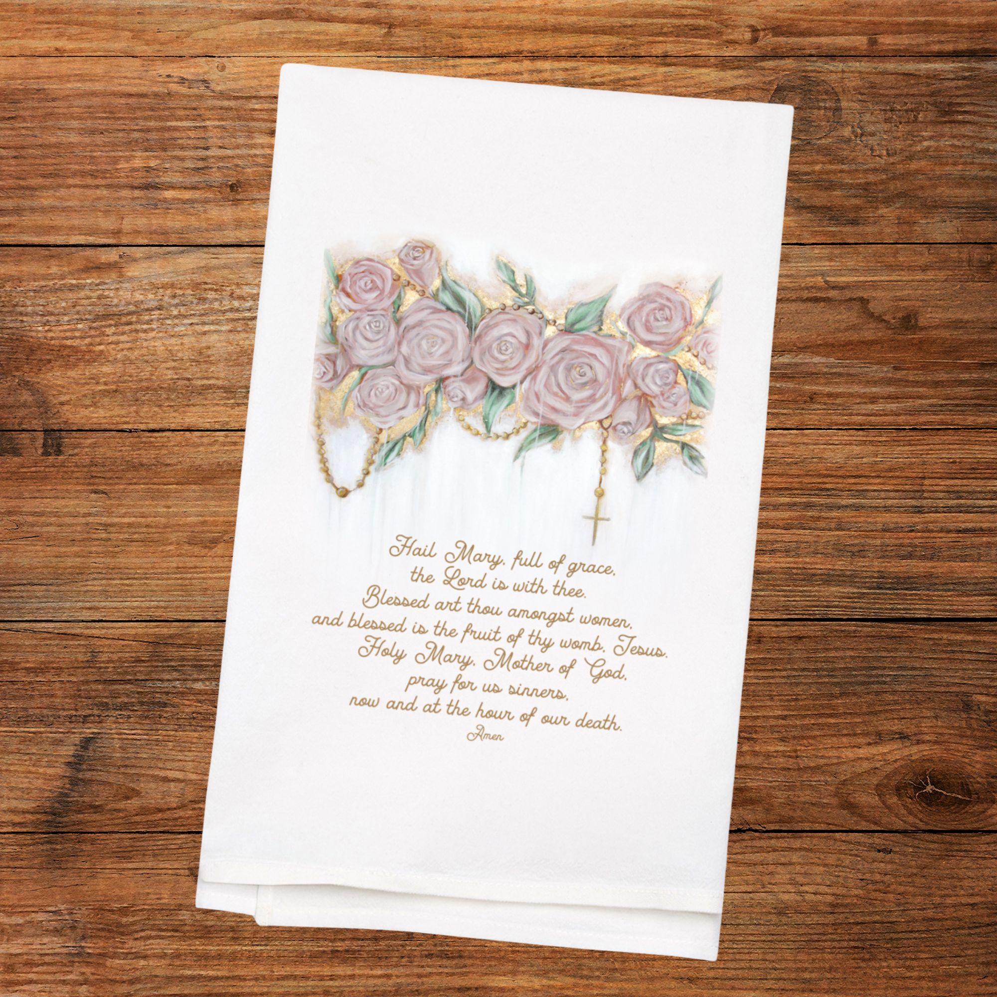 Queen of the Rosary White Flour Sack Tea Towel