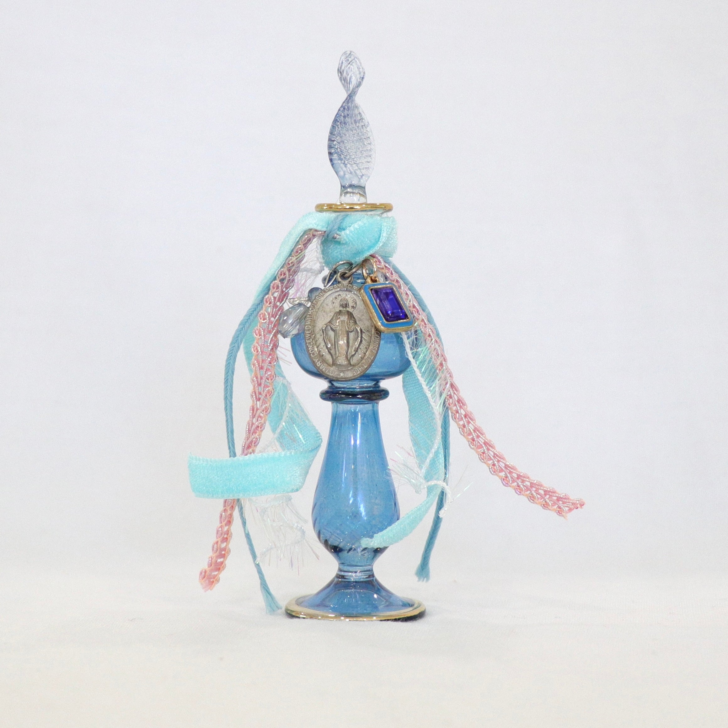 Vintage Virgin Mary in Blues and Pinks  | Handmade Holy Water Vessel