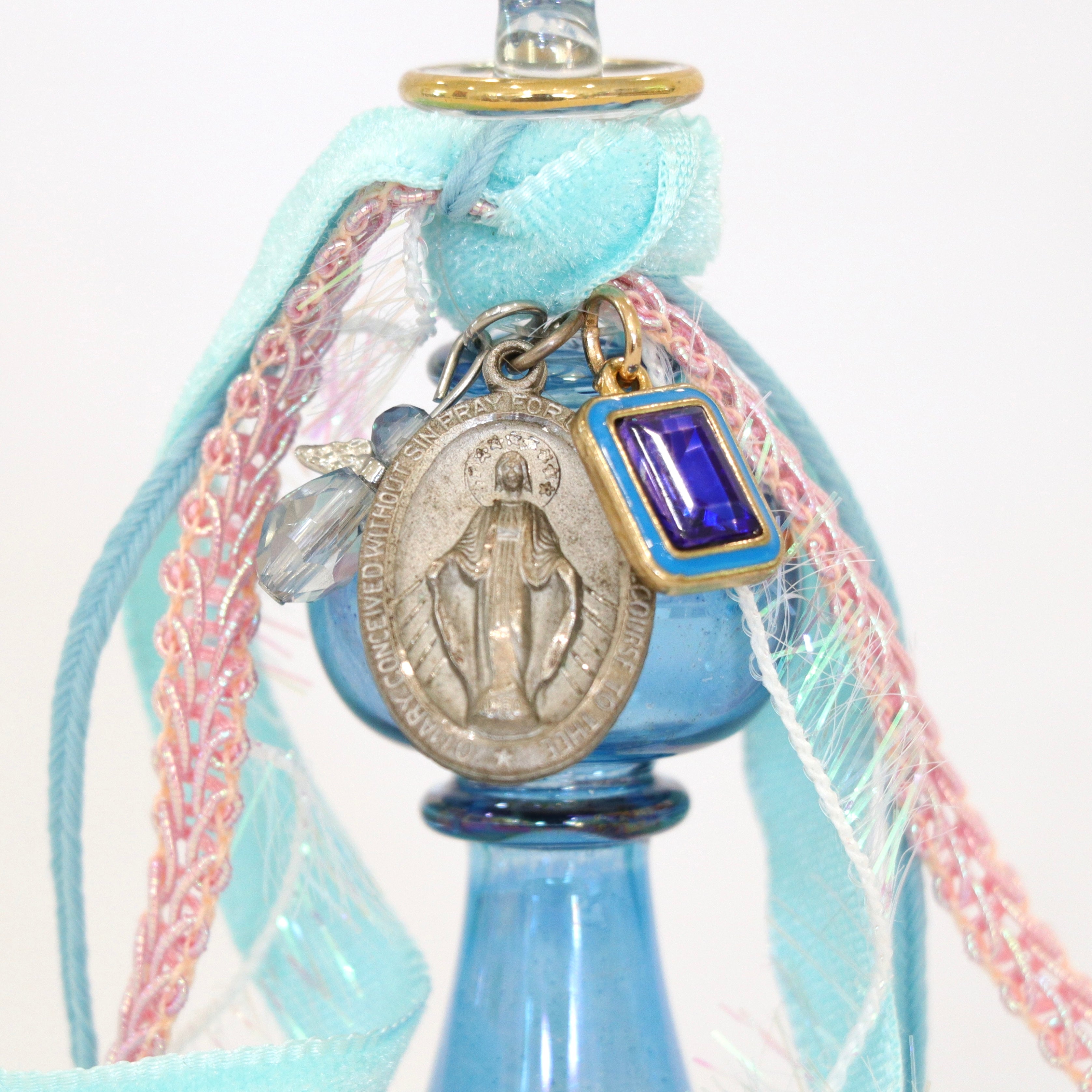 Vintage Virgin Mary in Blues and Pinks  | Handmade Holy Water Vessel
