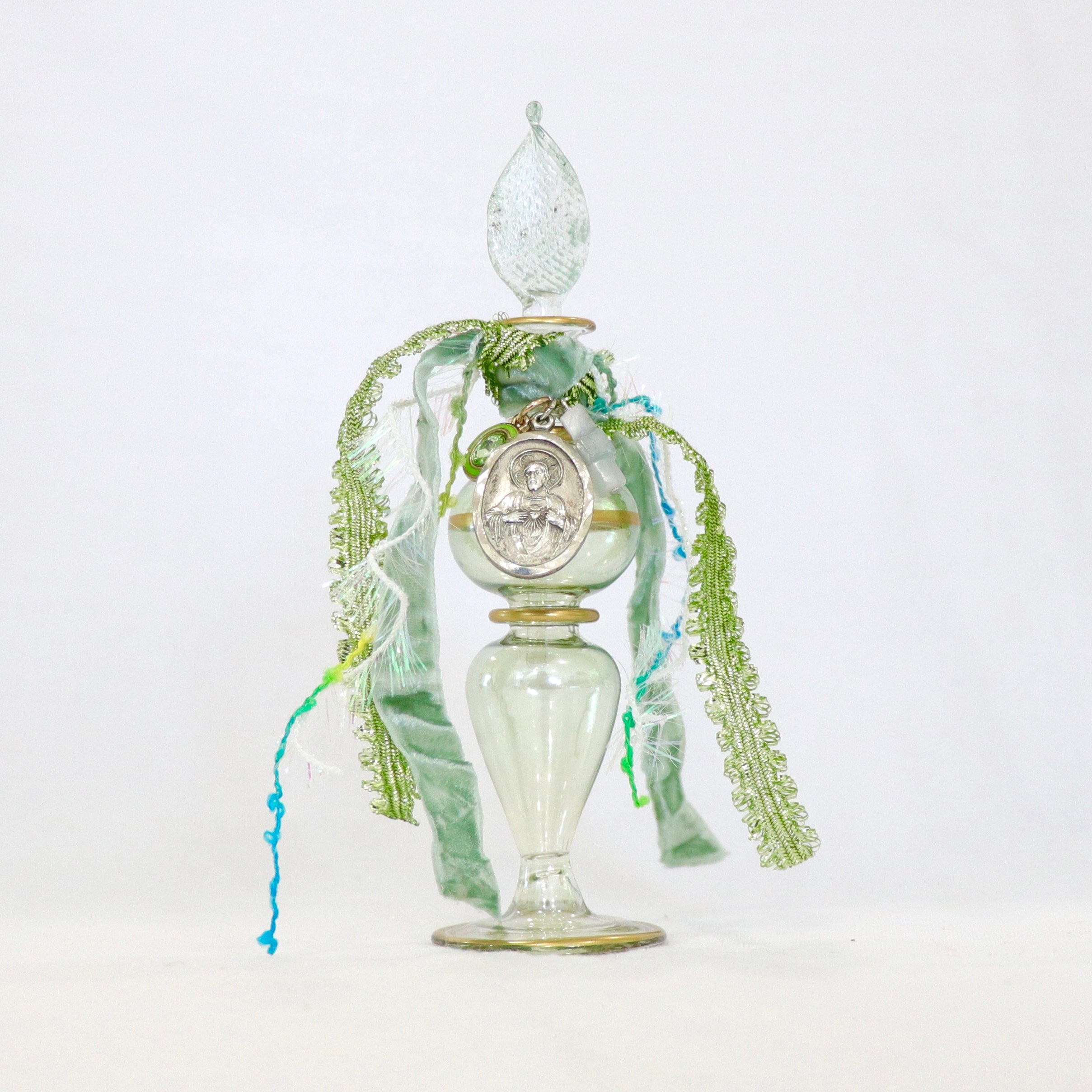Vintage Sacred Heart of Jesus in Greens | Handmade Holy Water Vessel