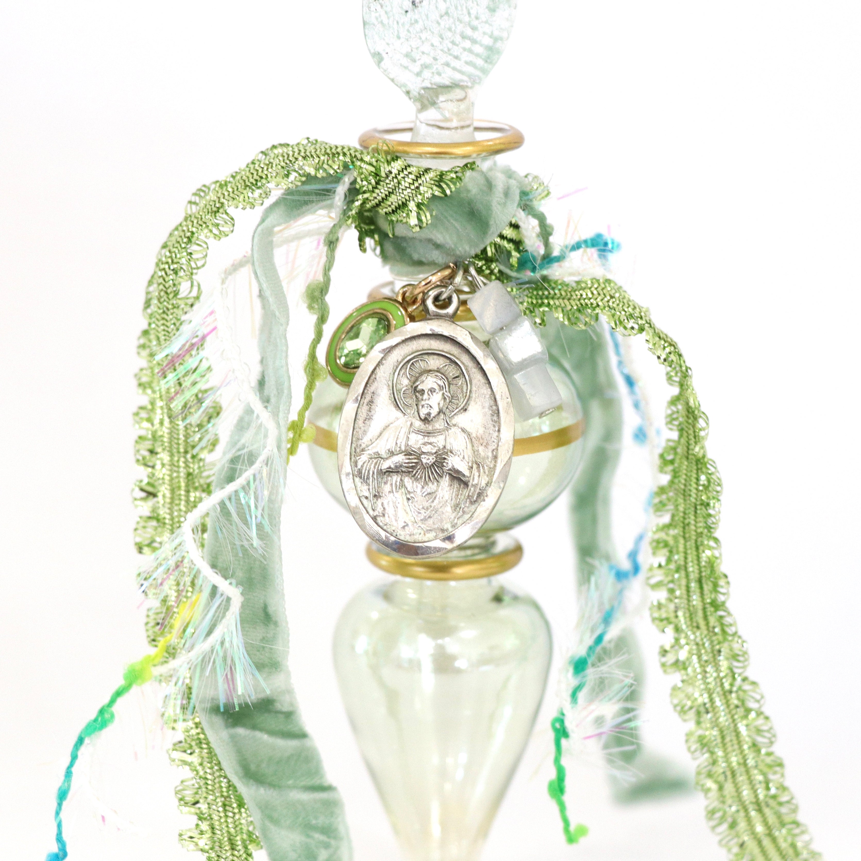 Vintage Sacred Heart of Jesus in Greens | Handmade Holy Water Vessel