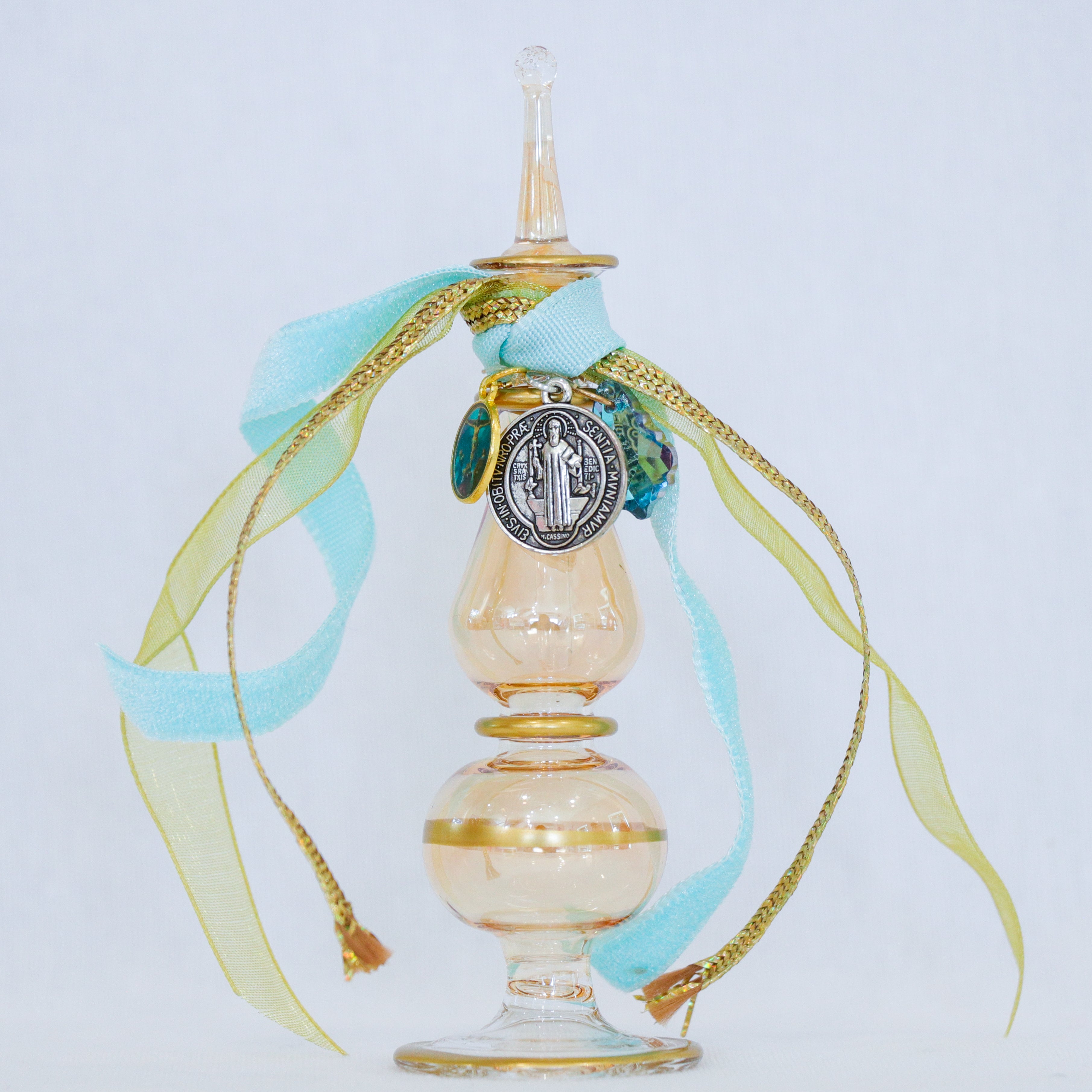 St. Benedict in Golds and Blue | Handmade Holy Water Vessel