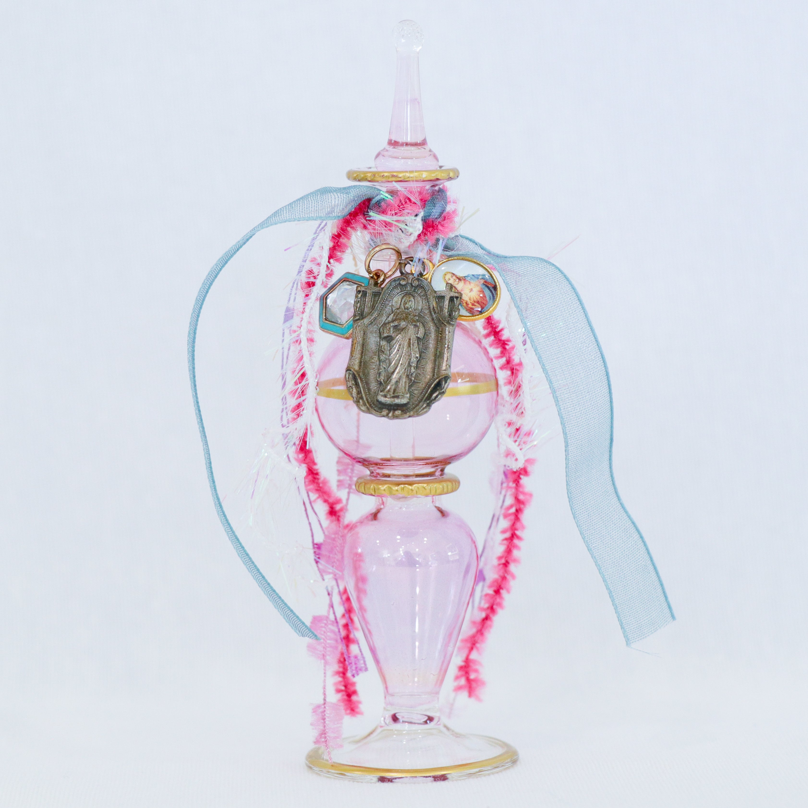 Sacred Heart of Jesus in Pink and Teal | Handmade Holy Water Vessel