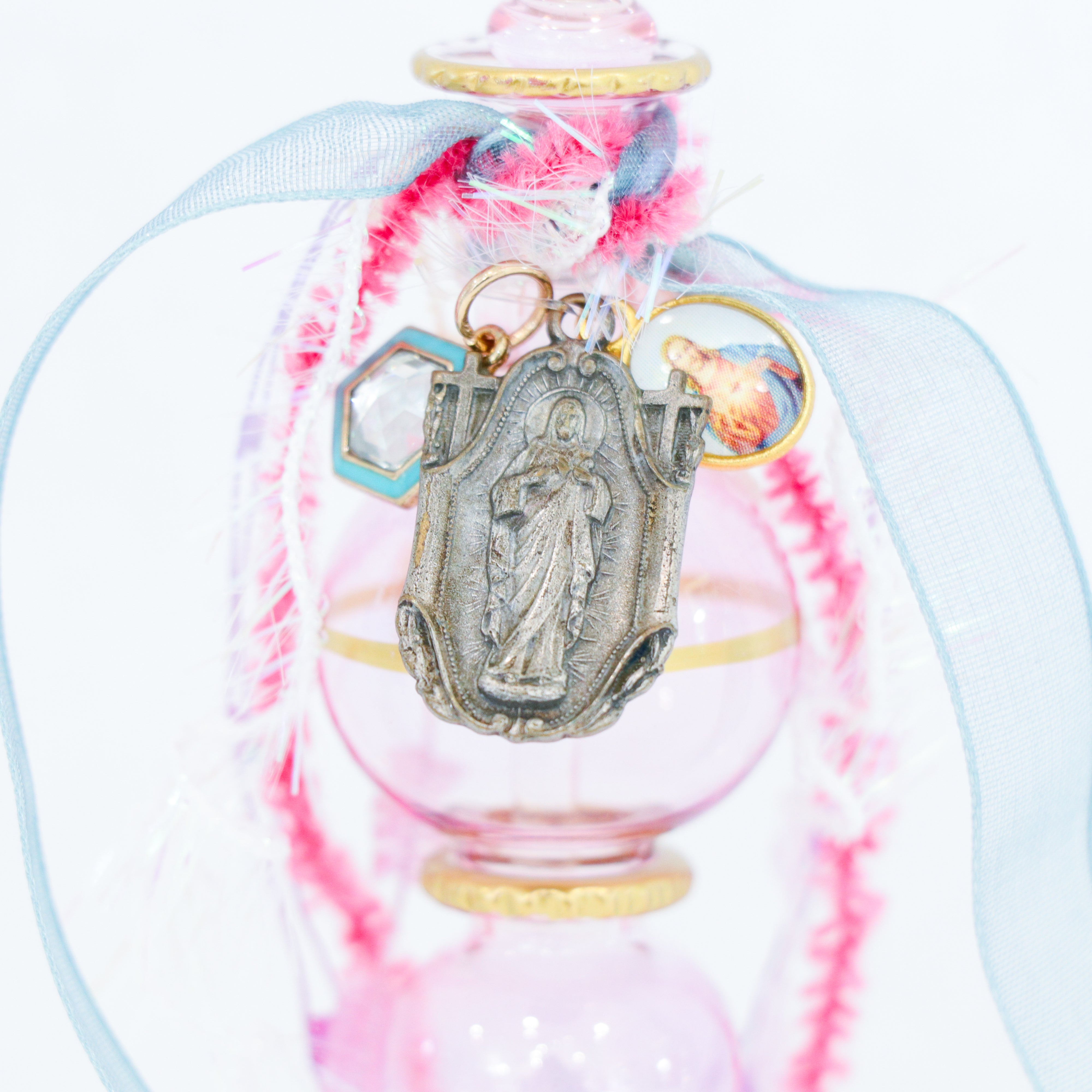 Sacred Heart of Jesus in Pink and Teal | Handmade Holy Water Vessel