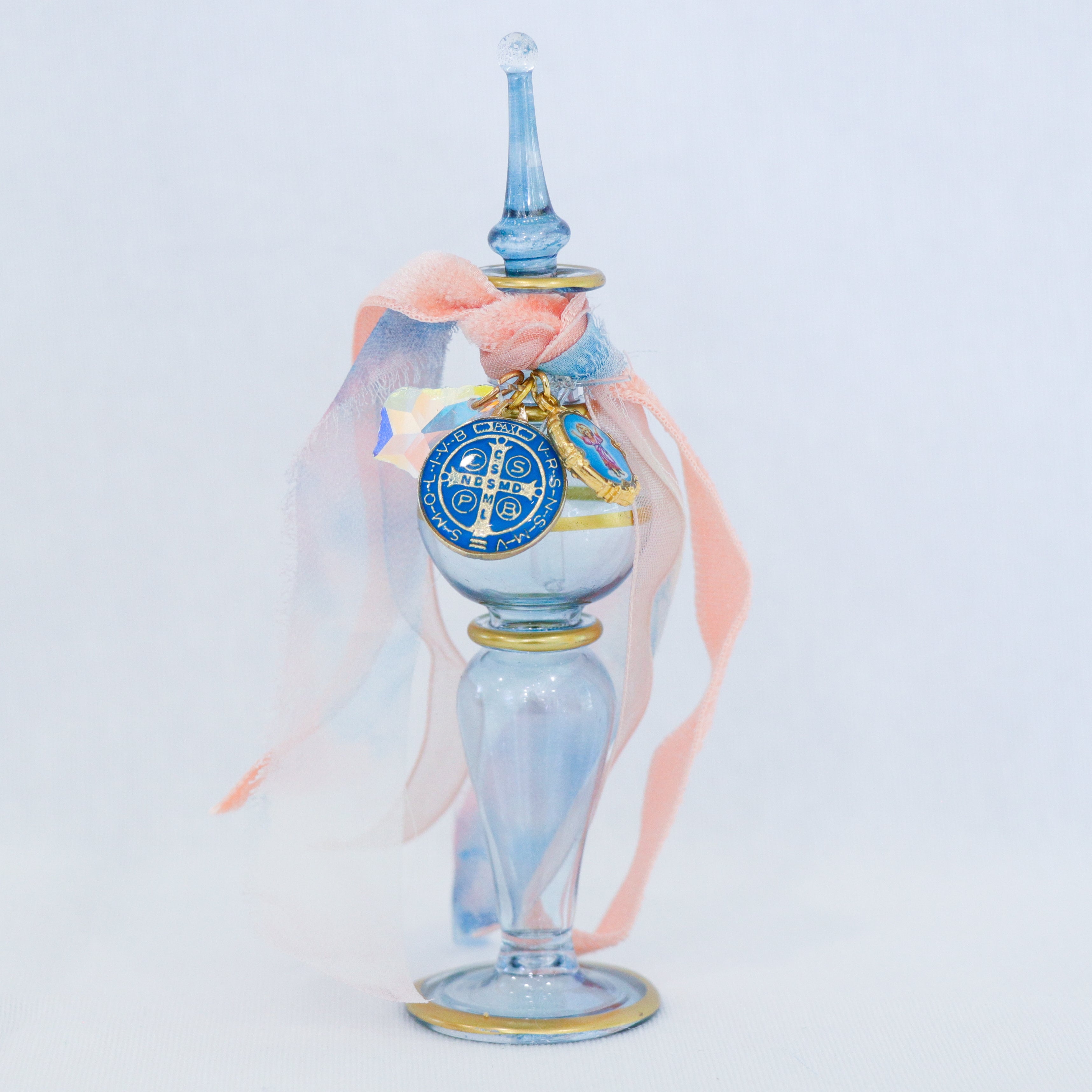St. Benedict and Child of Jesus in Light Blue and Peach  | Handmade Holy Water Vessel