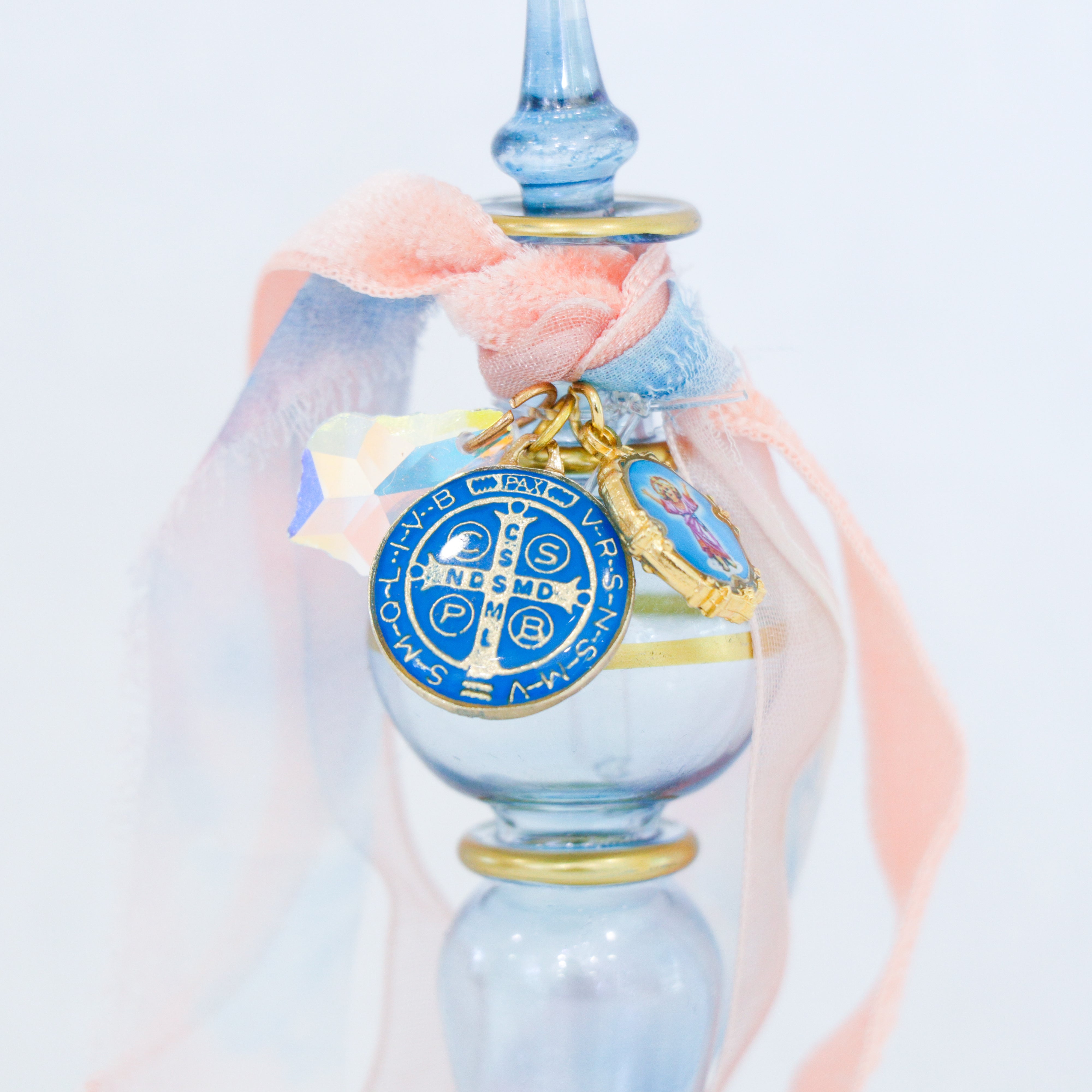 St. Benedict and Child of Jesus in Light Blue and Peach  | Handmade Holy Water Vessel