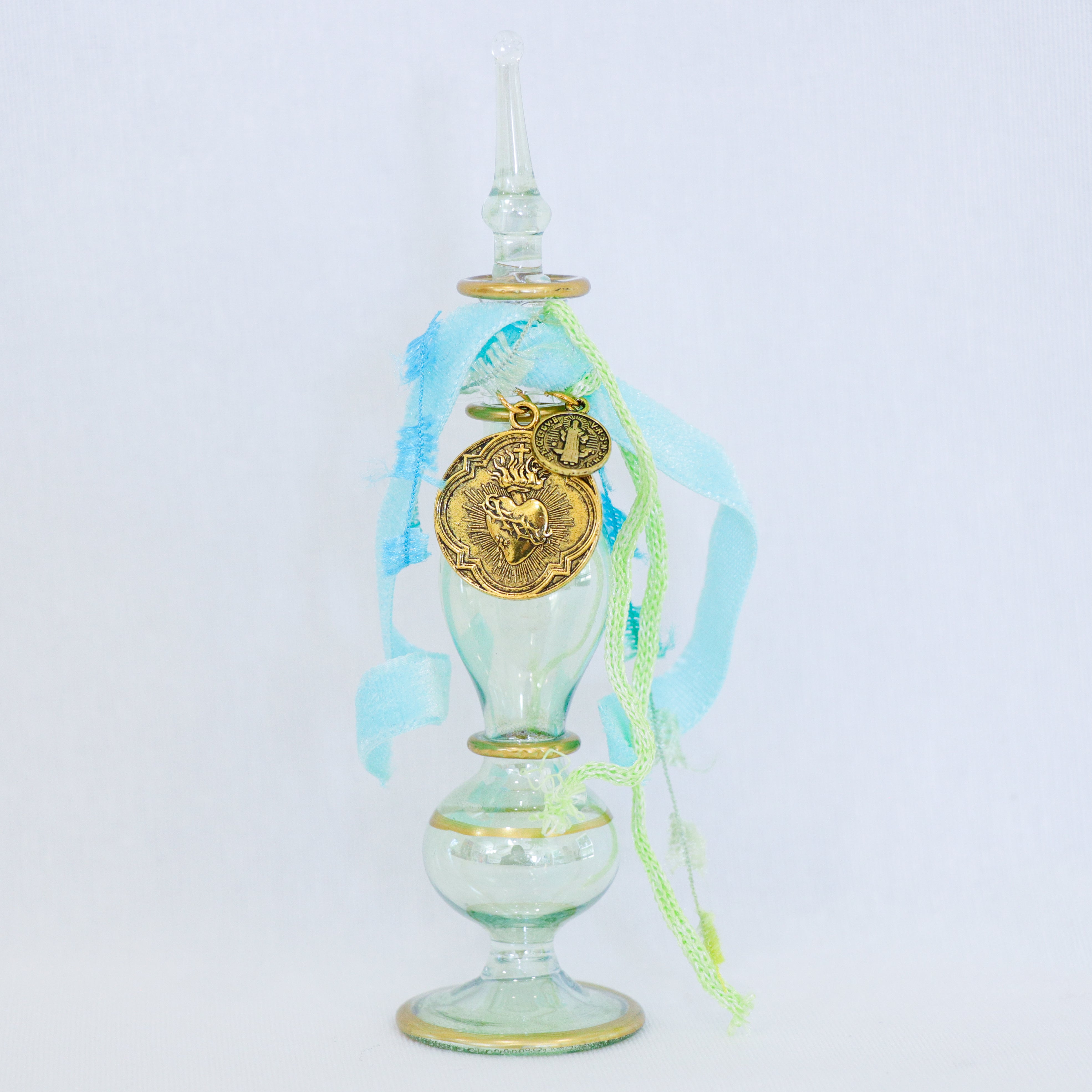 Gold Sacred Heart of Jesus in Teals | Handmade Holy Water Vessel
