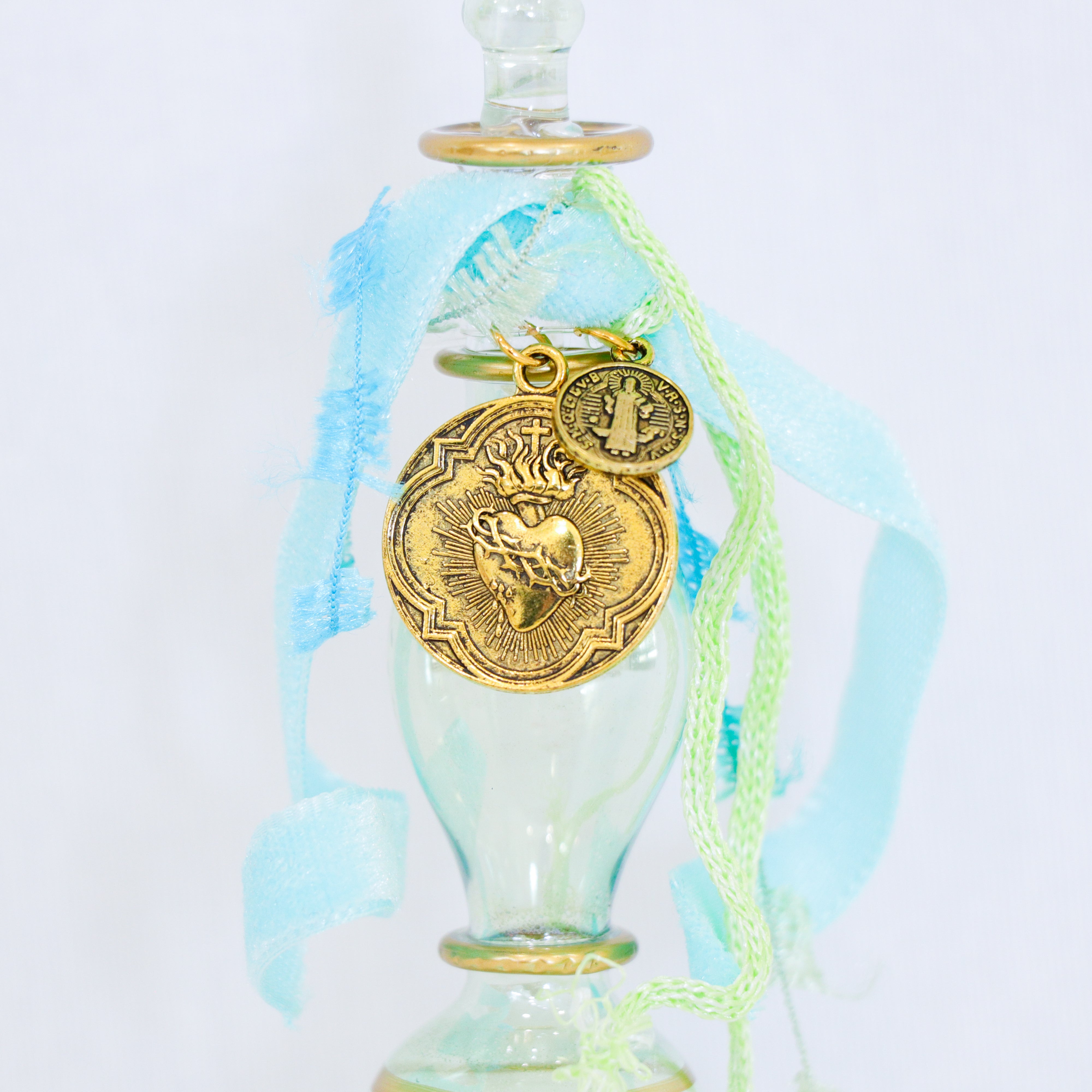 Gold Sacred Heart of Jesus in Teals | Handmade Holy Water Vessel