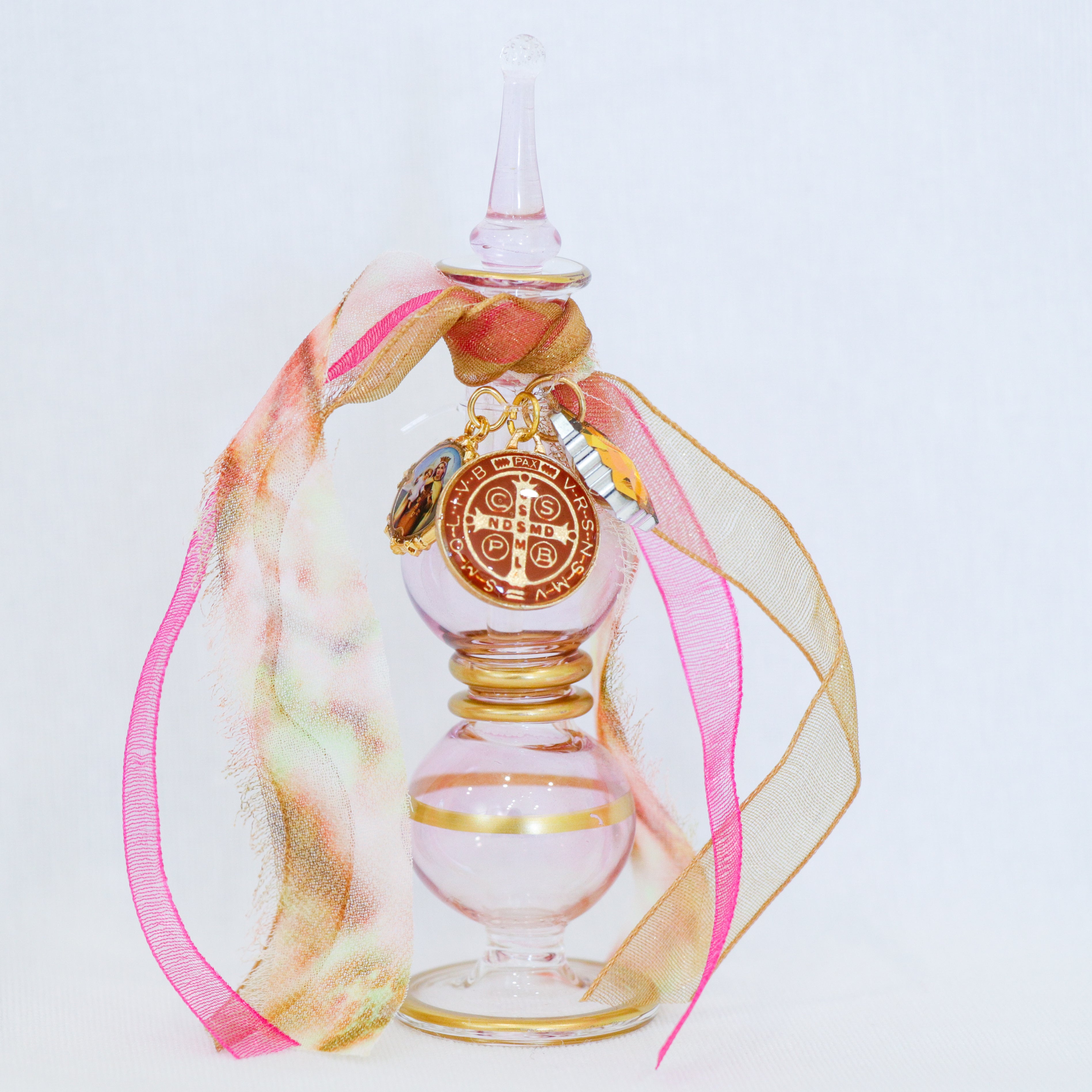 St. Benedict and Madonna and Child in Pinks and Golds | Handmade Holy Water Vessel