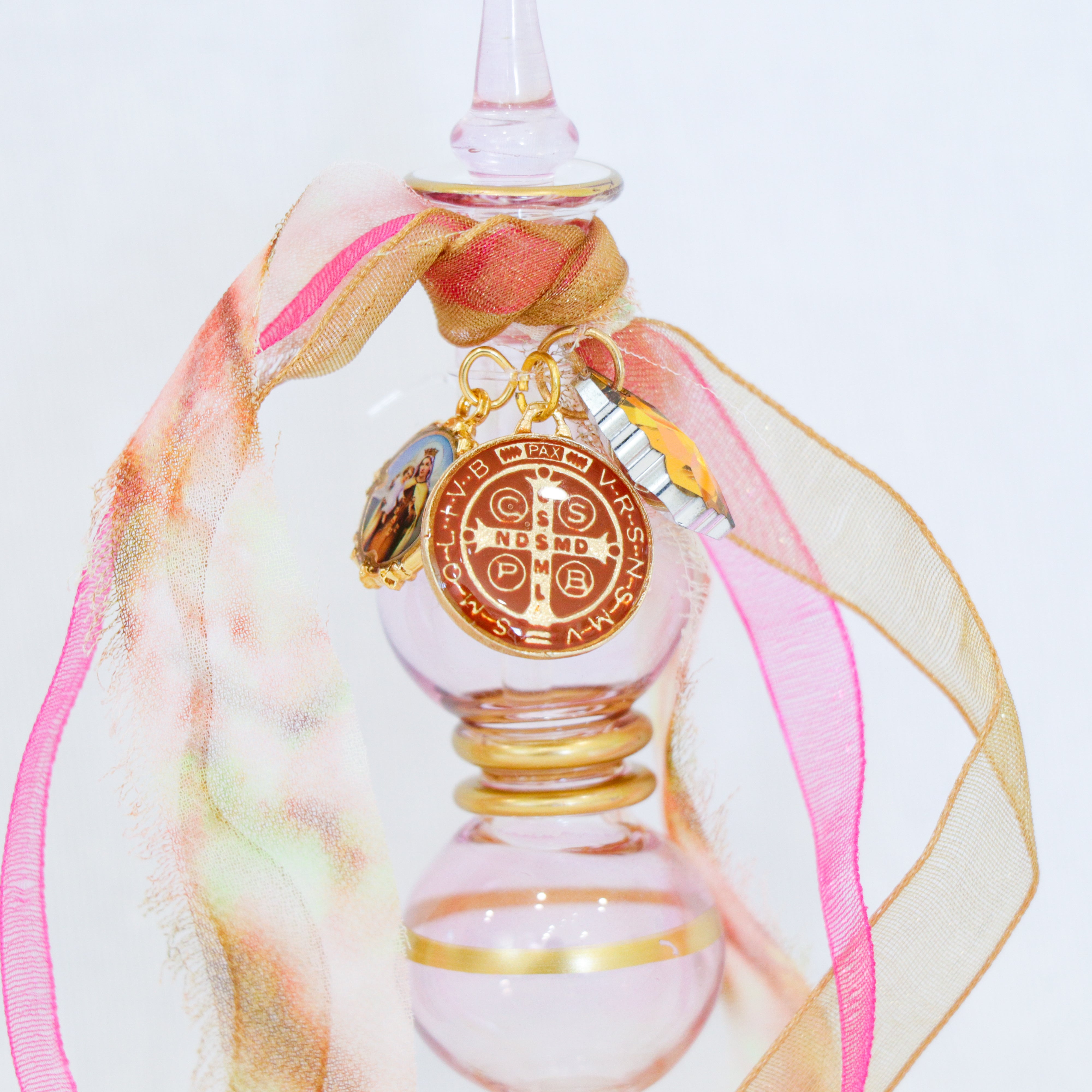 St. Benedict and Madonna and Child in Pinks and Golds | Handmade Holy Water Vessel