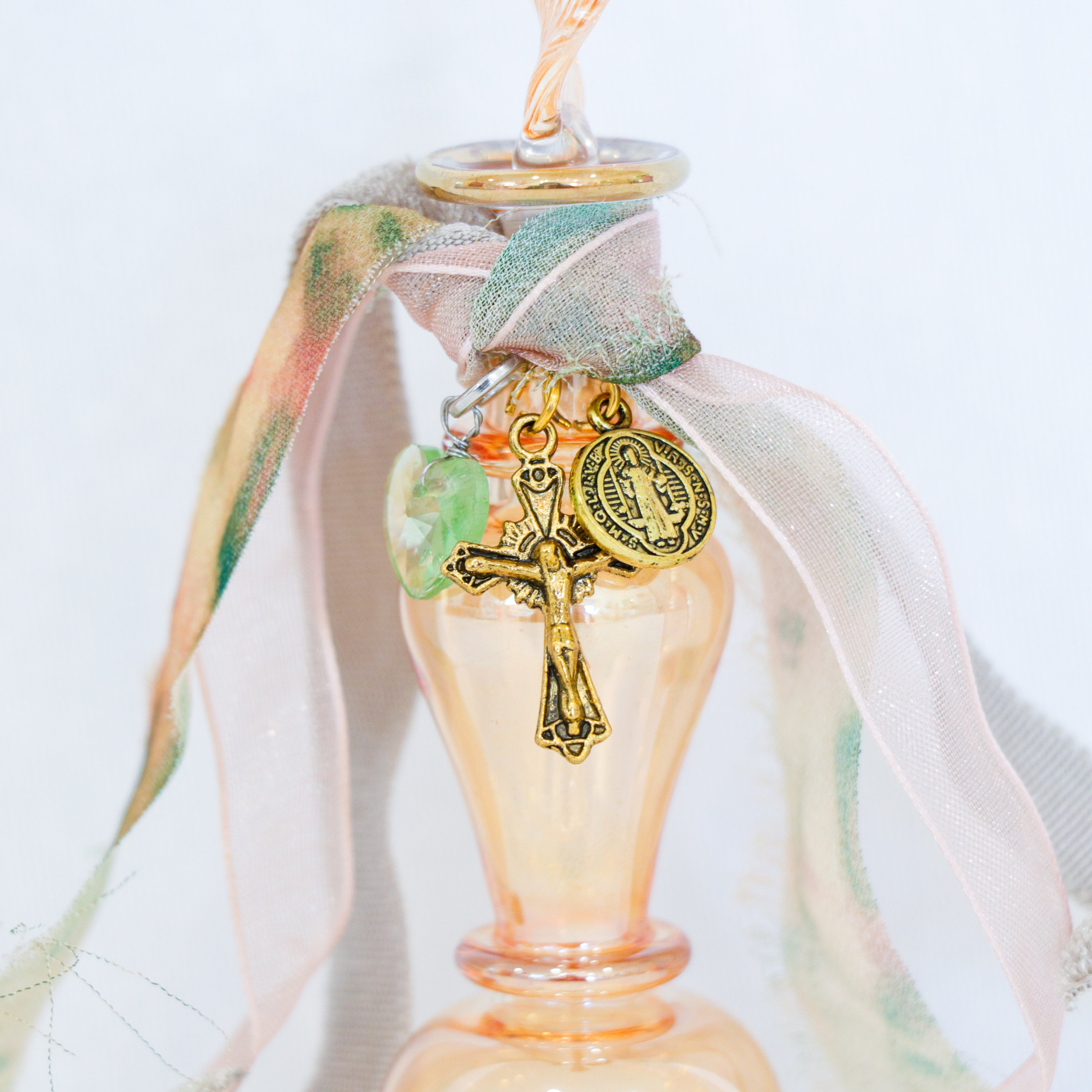 Cross of Christ and St. Benedict in Peach | Handmade Holy Water Vessel