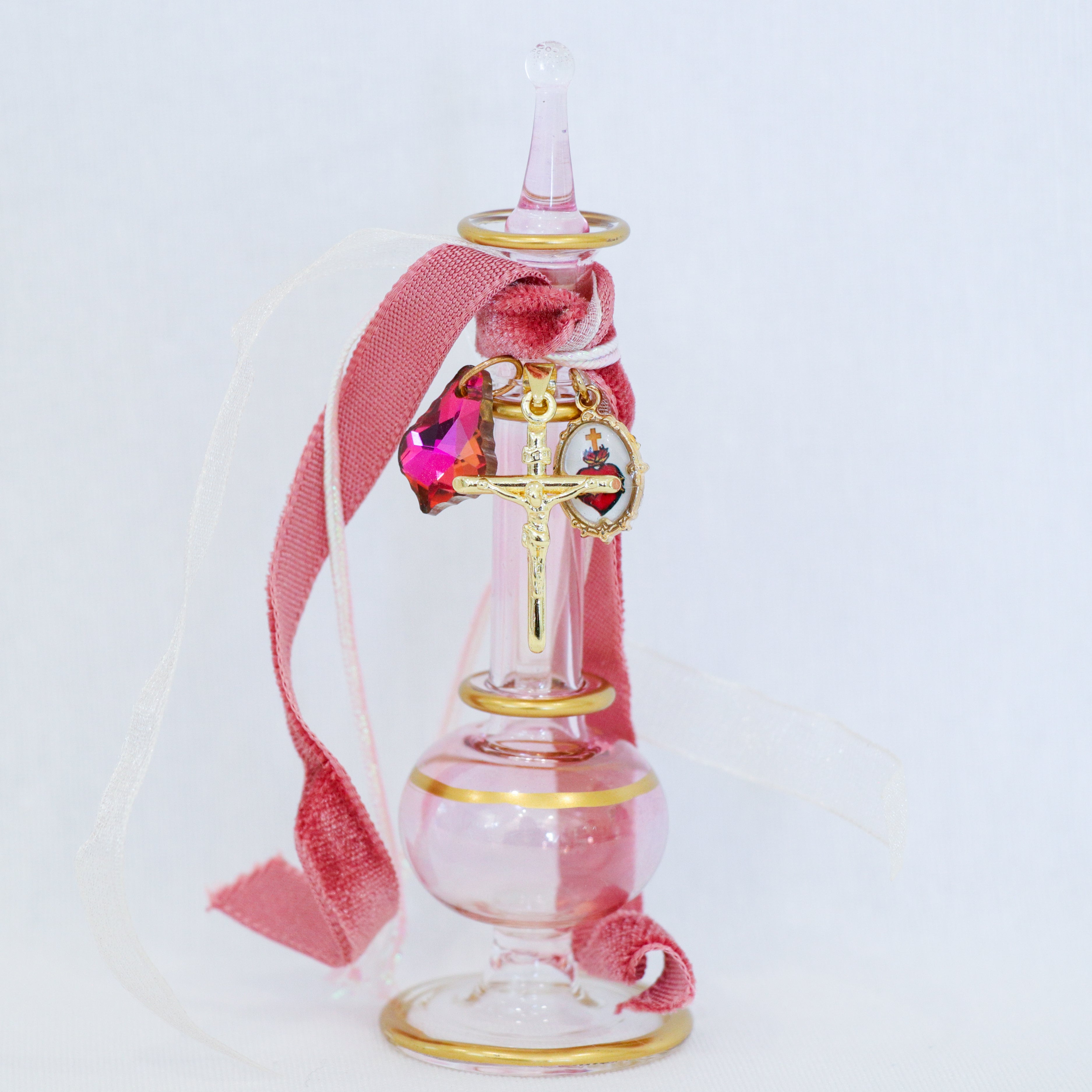 Gold Cross and Sacred Heart of Jesus in Pinks | Handmade Holy Water Vessel
