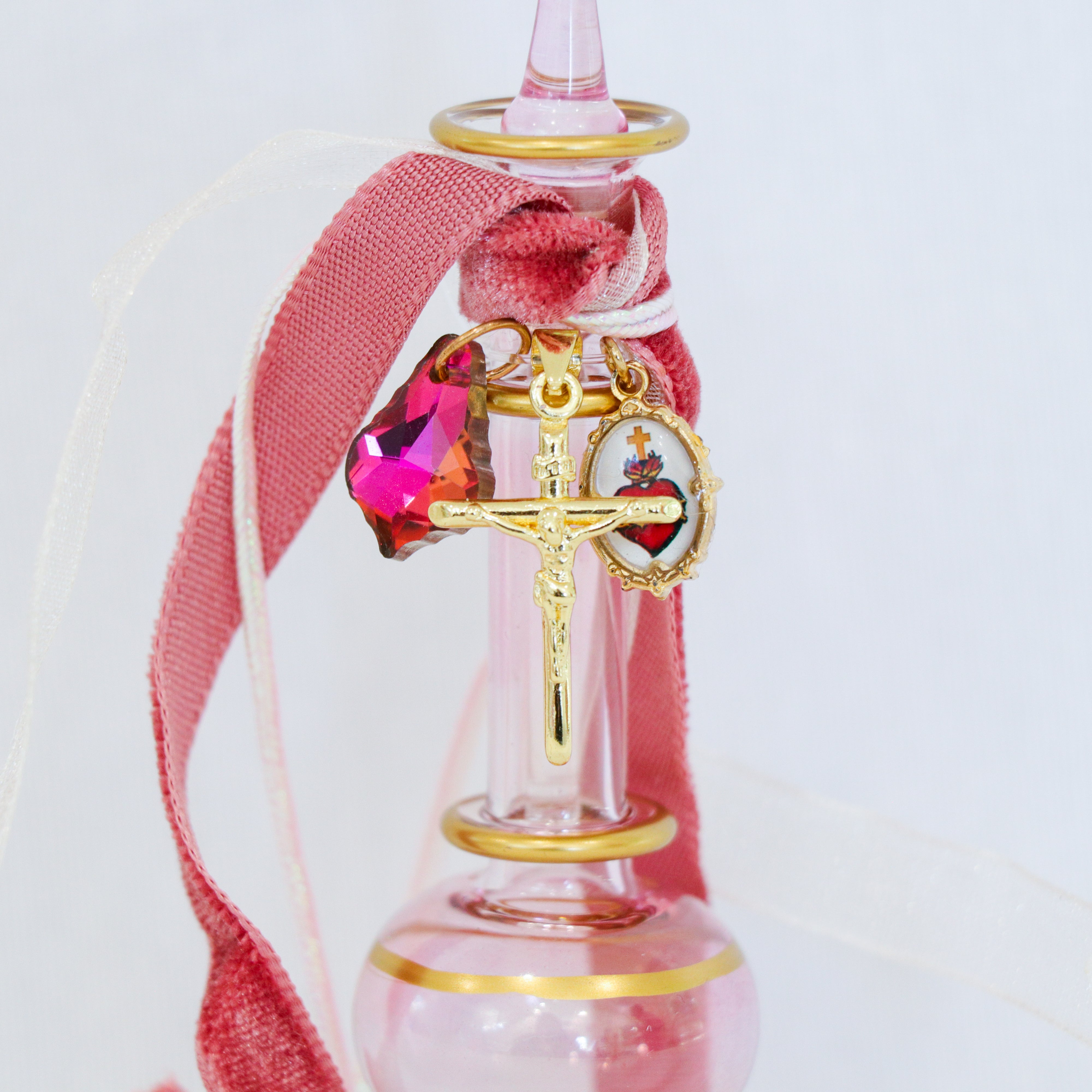 Gold Cross and Sacred Heart of Jesus in Pinks | Handmade Holy Water Vessel