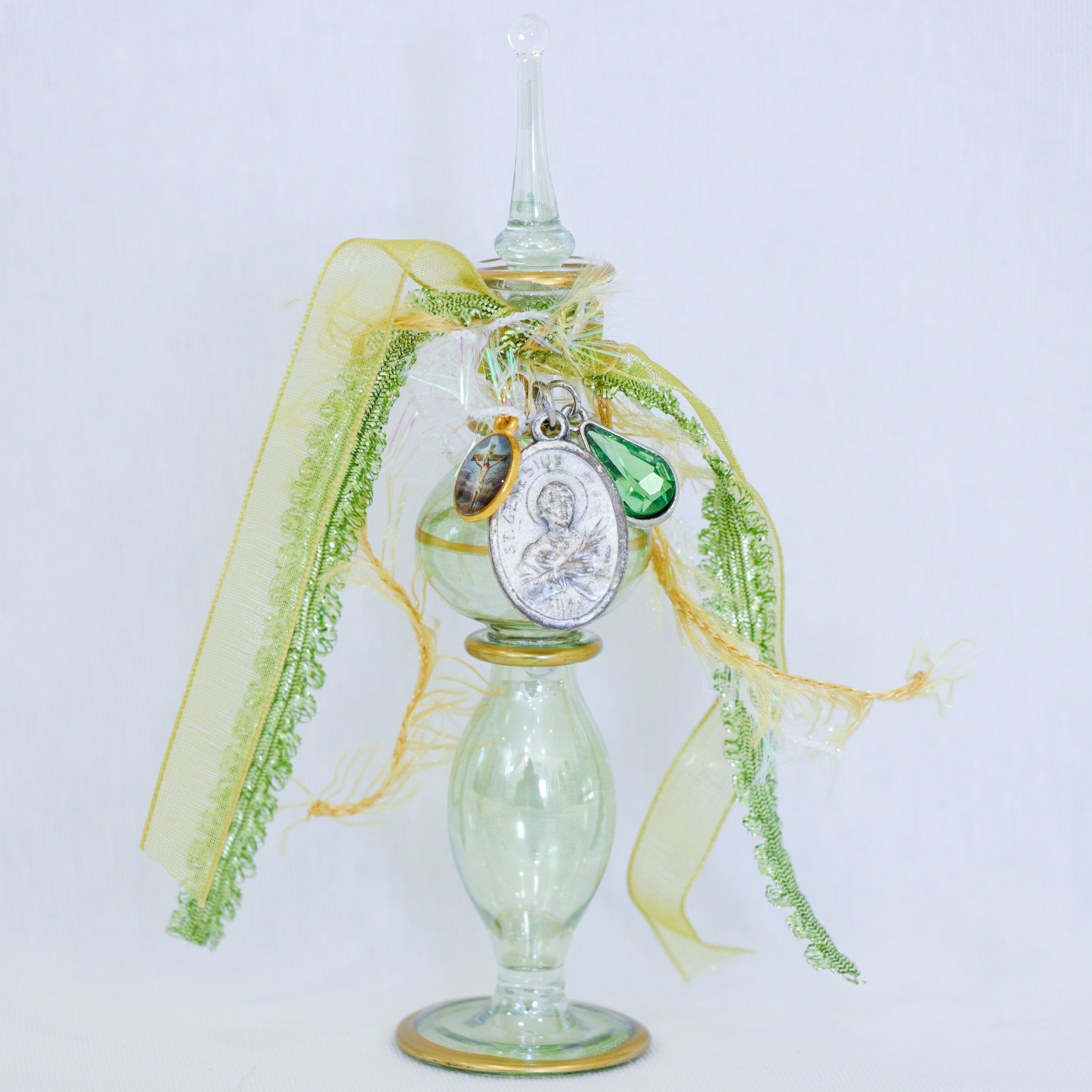 St. Genesius in Greens and Golds | Handmade Holy Water Vessel