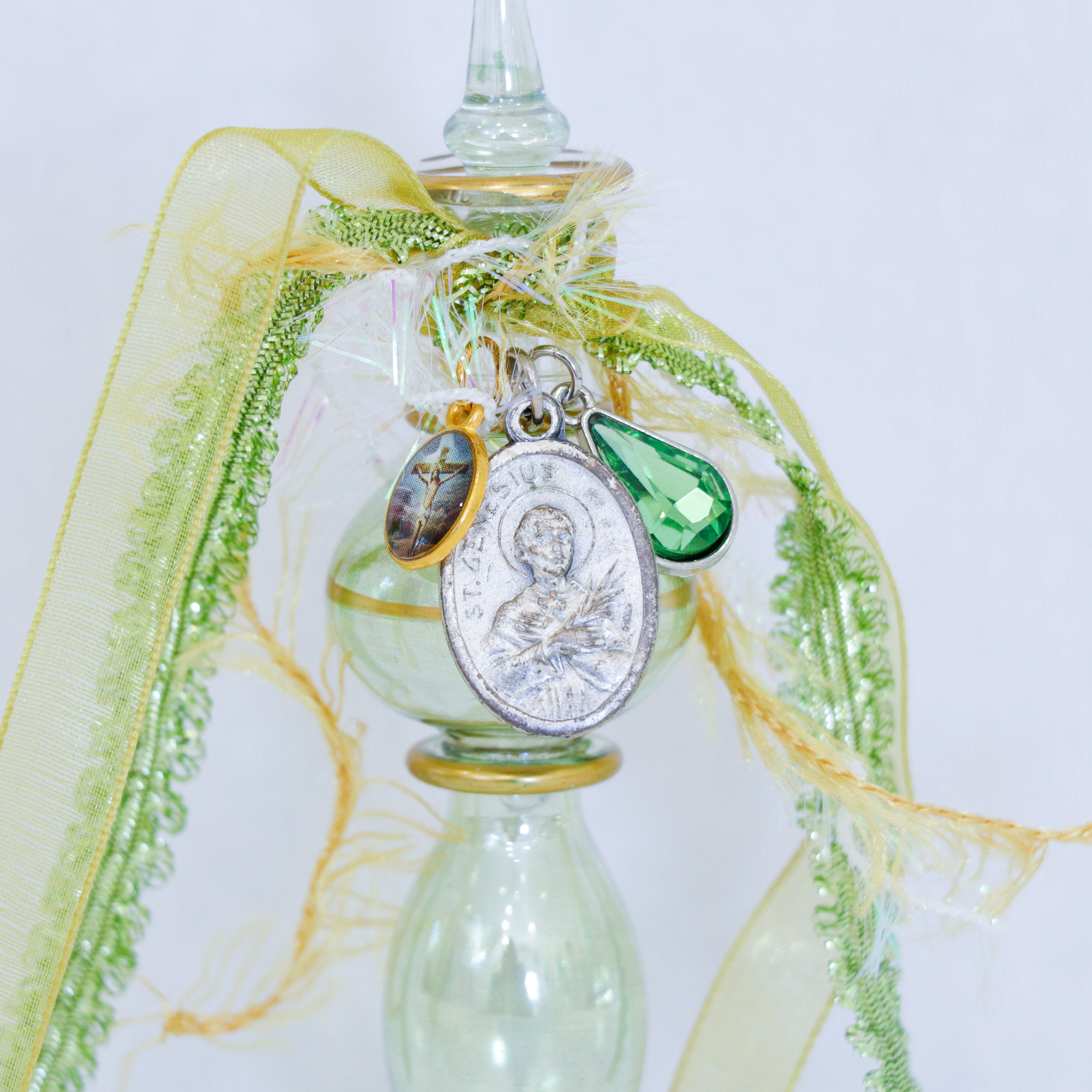 St. Genesius in Greens and Golds | Handmade Holy Water Vessel