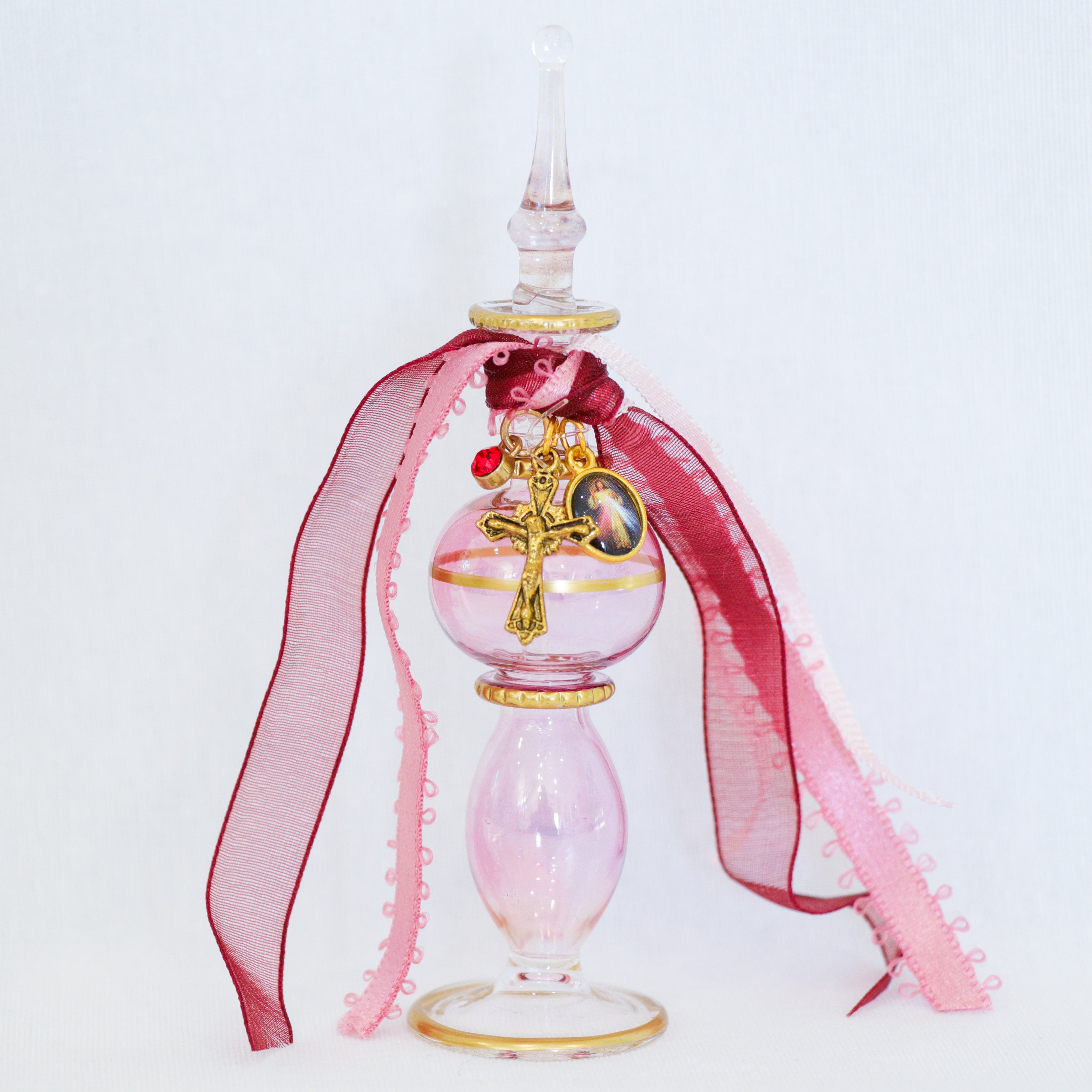 Gold Cross of Christ and Divine Mercy in Reds | Handmade Holy Water Vessel