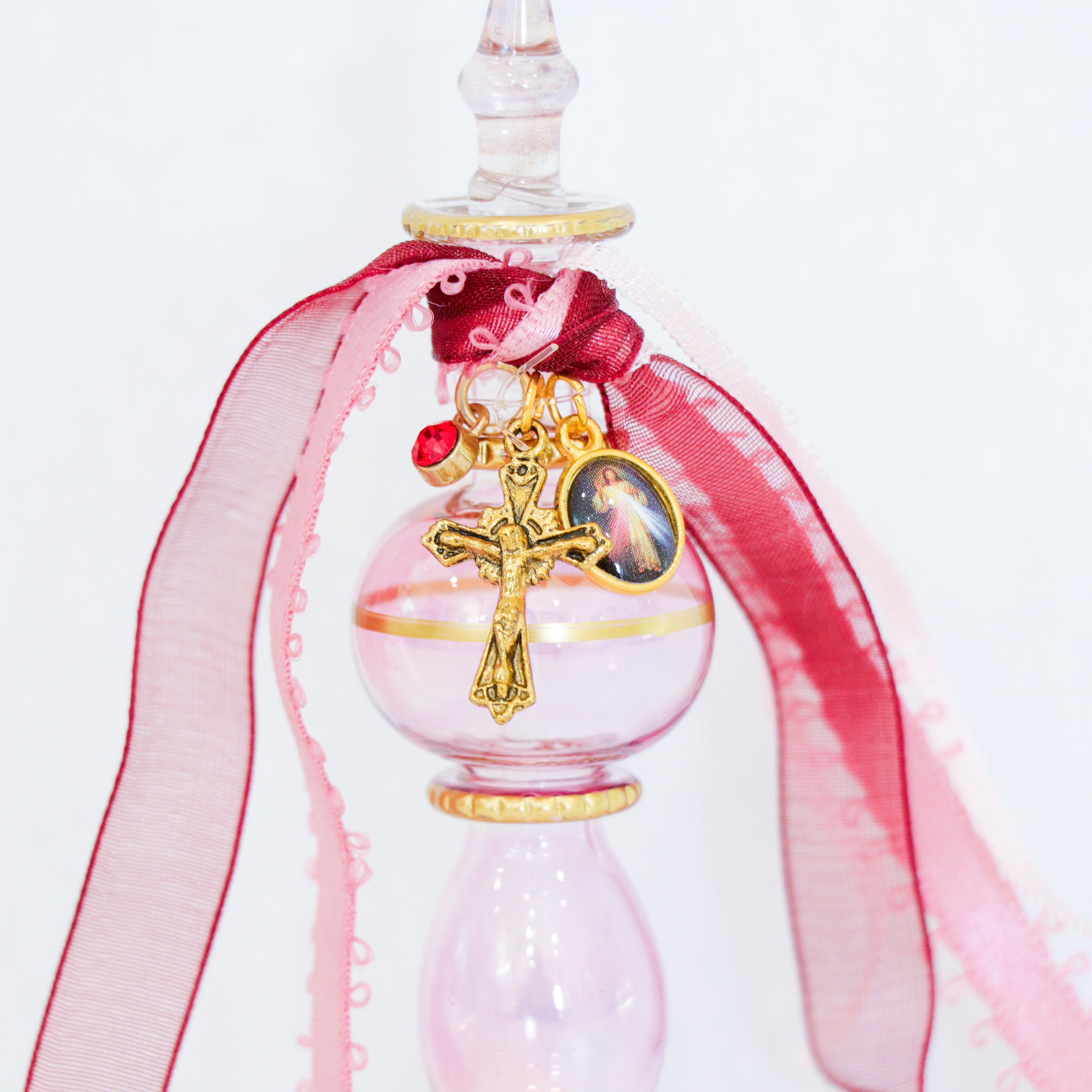 Gold Cross of Christ and Divine Mercy in Reds | Handmade Holy Water Vessel