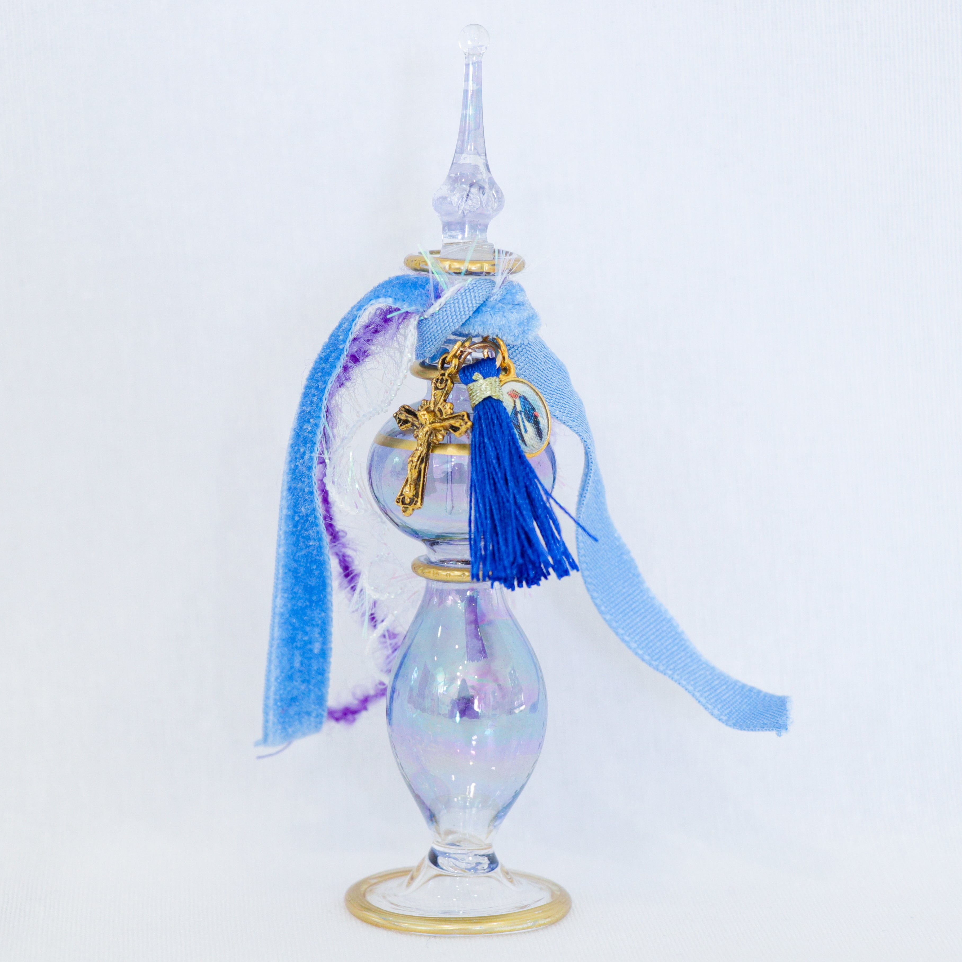 Our Lady of the Miraculous Medal and the Cross of Christ in Blues | Handmade Holy Water Vessel