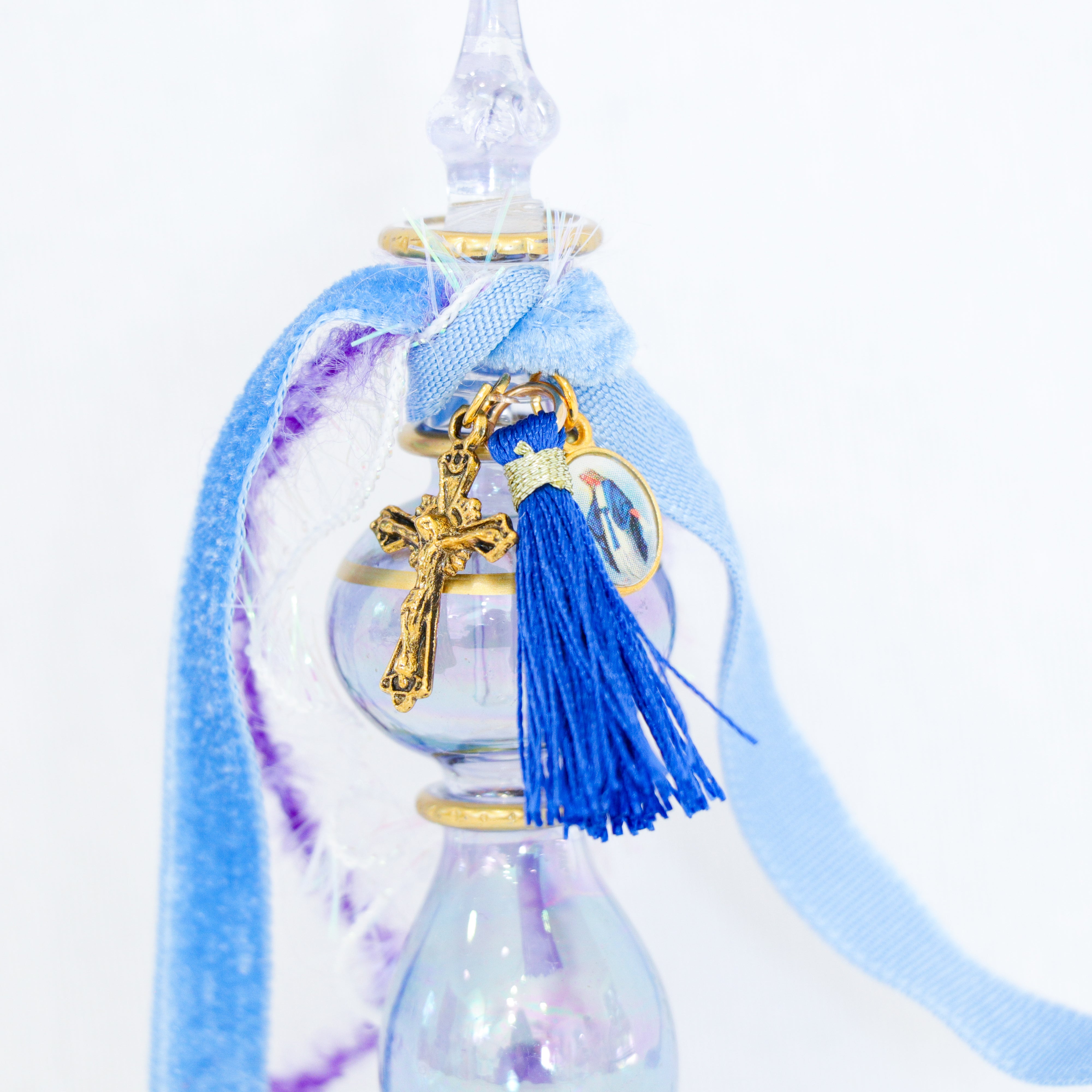 Our Lady of the Miraculous Medal and the Cross of Christ in Blues | Handmade Holy Water Vessel