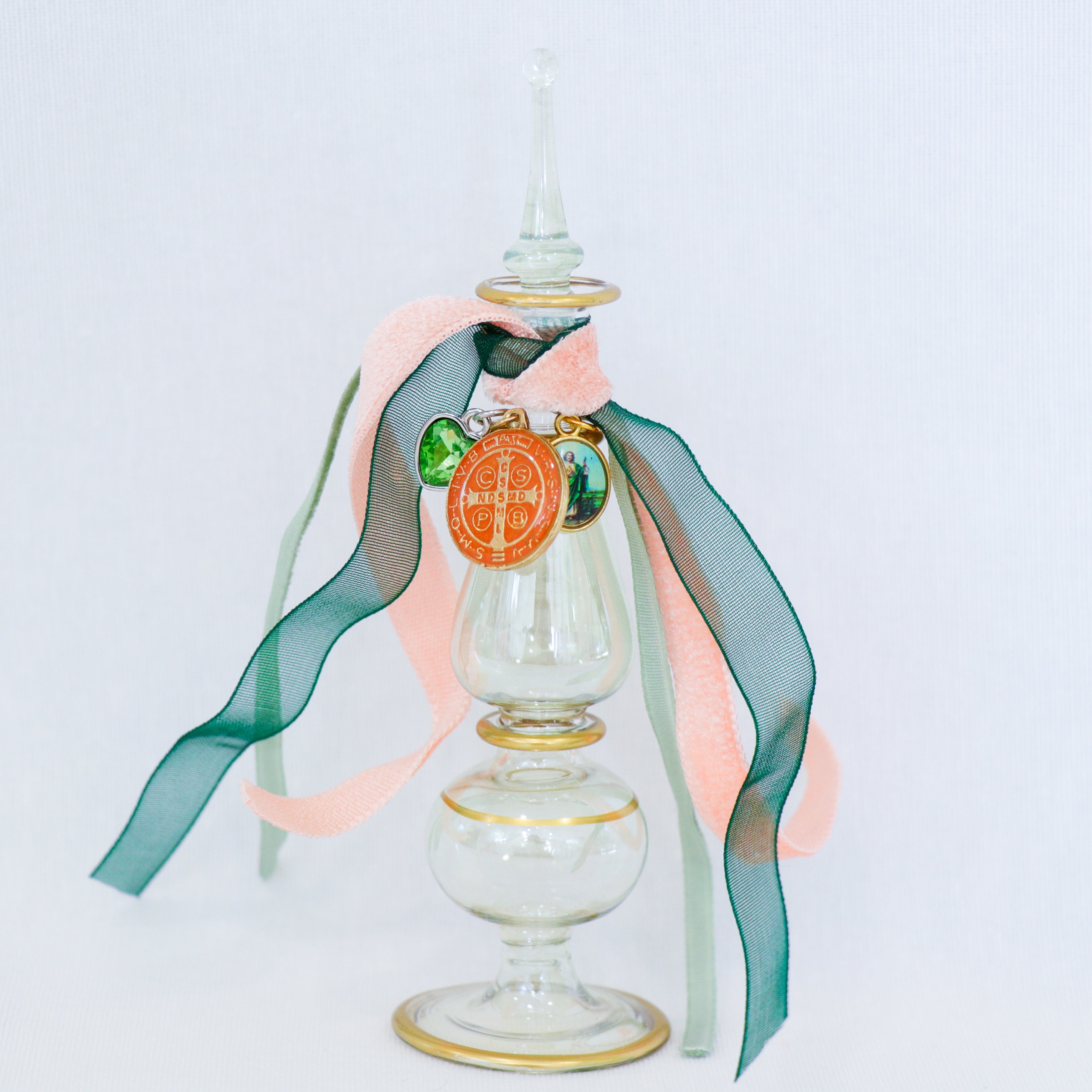 St. Benedict and St. Jude in Pinks and Greens | Handmade Holy Water Vessel