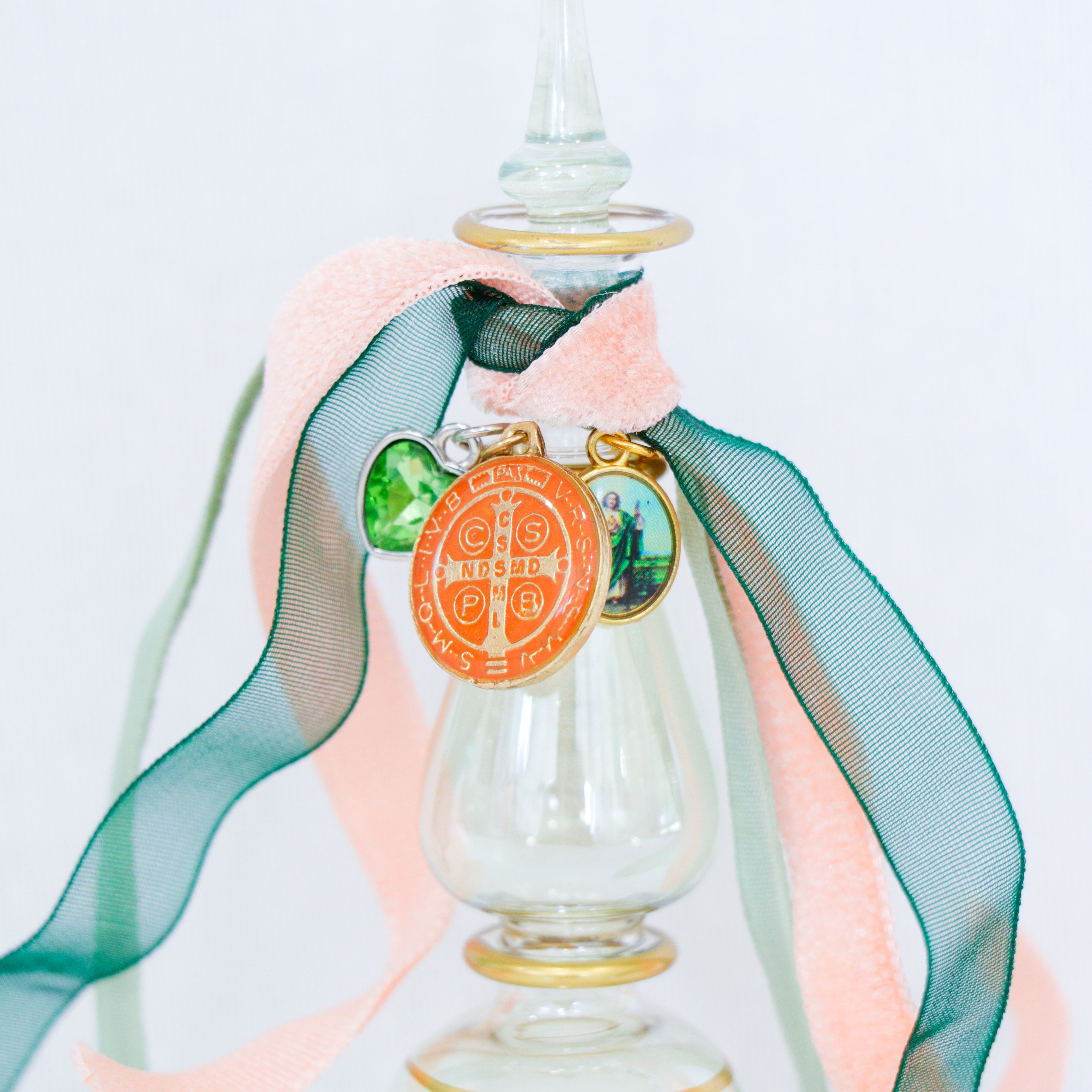 St. Benedict and St. Jude in Pinks and Greens | Handmade Holy Water Vessel