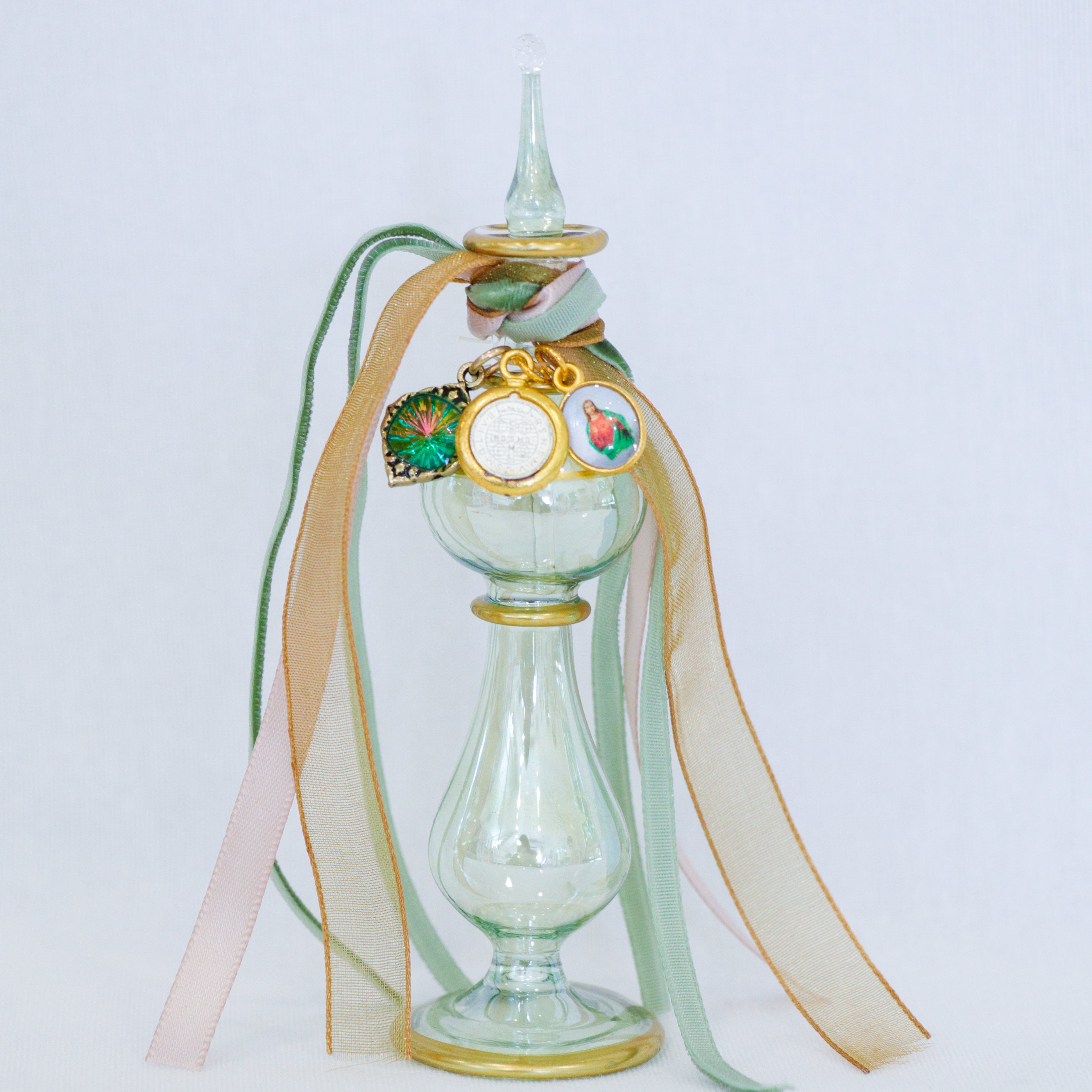 St. Benedict and the Sacred Heart in Greens and Golds | Handmade Holy Water Vessel