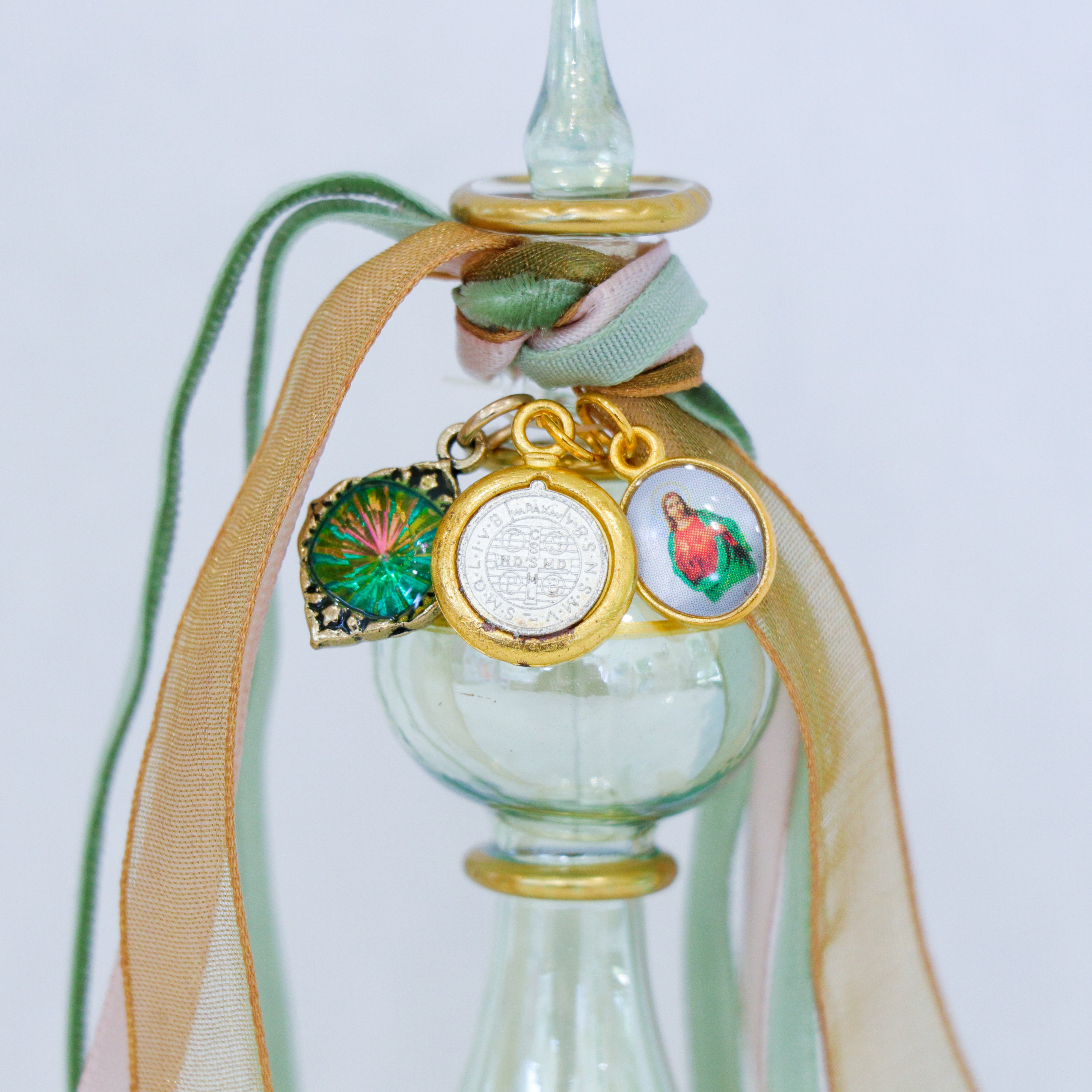 St. Benedict and the Sacred Heart in Greens and Golds | Handmade Holy Water Vessel