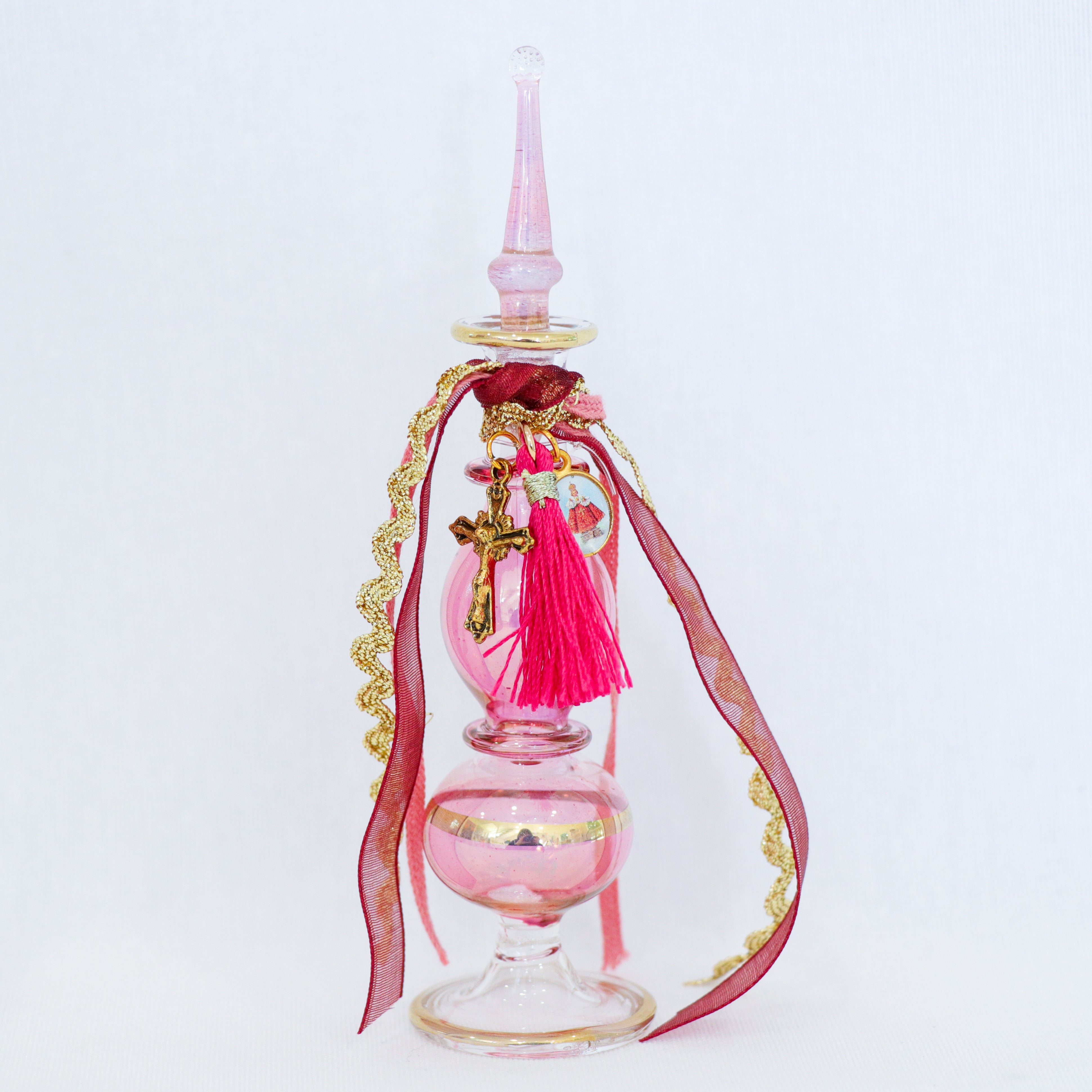 Cross of Christ and Infant of Prague in Pinks | Handmade Holy Water Vessel