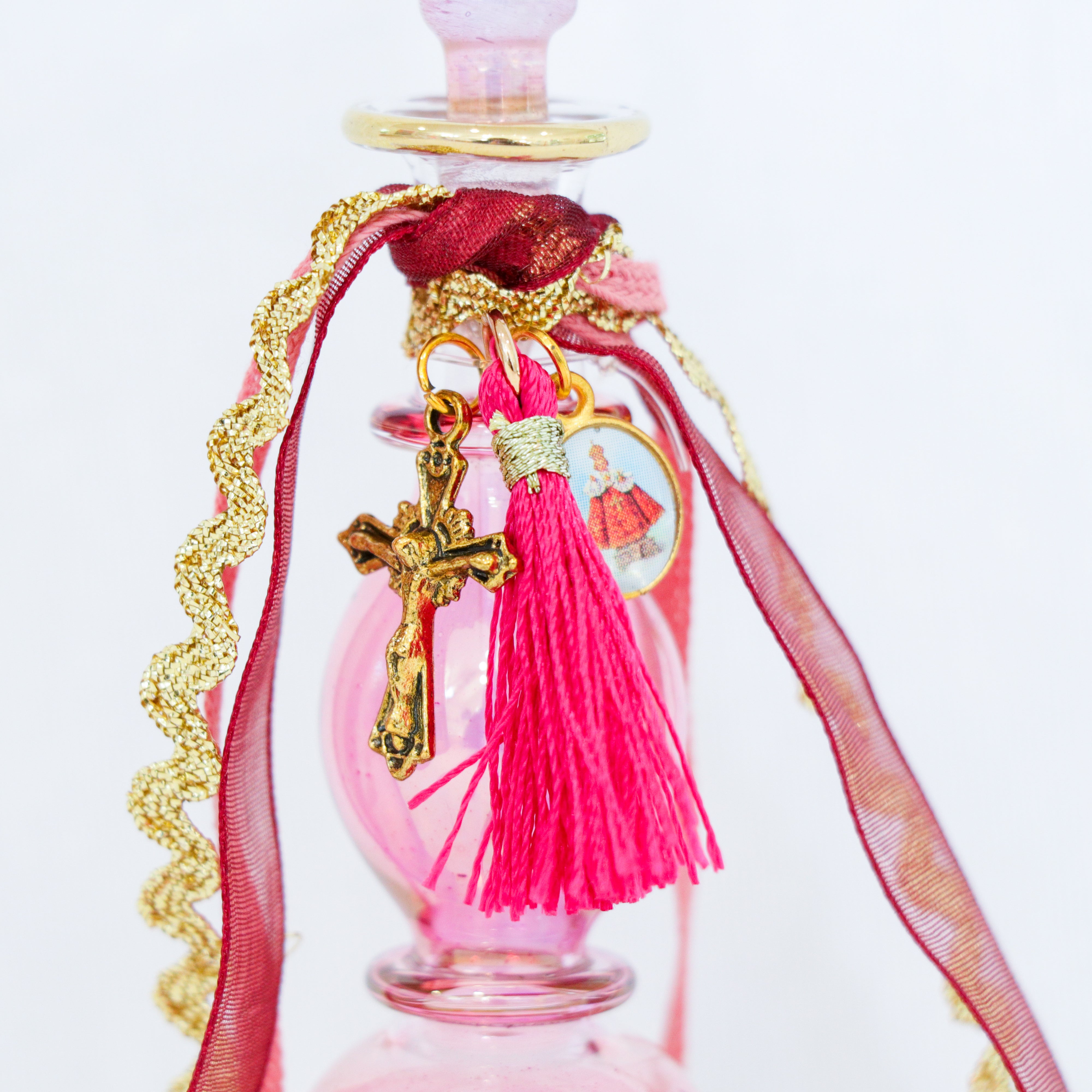 Cross of Christ and Infant of Prague in Pinks | Handmade Holy Water Vessel