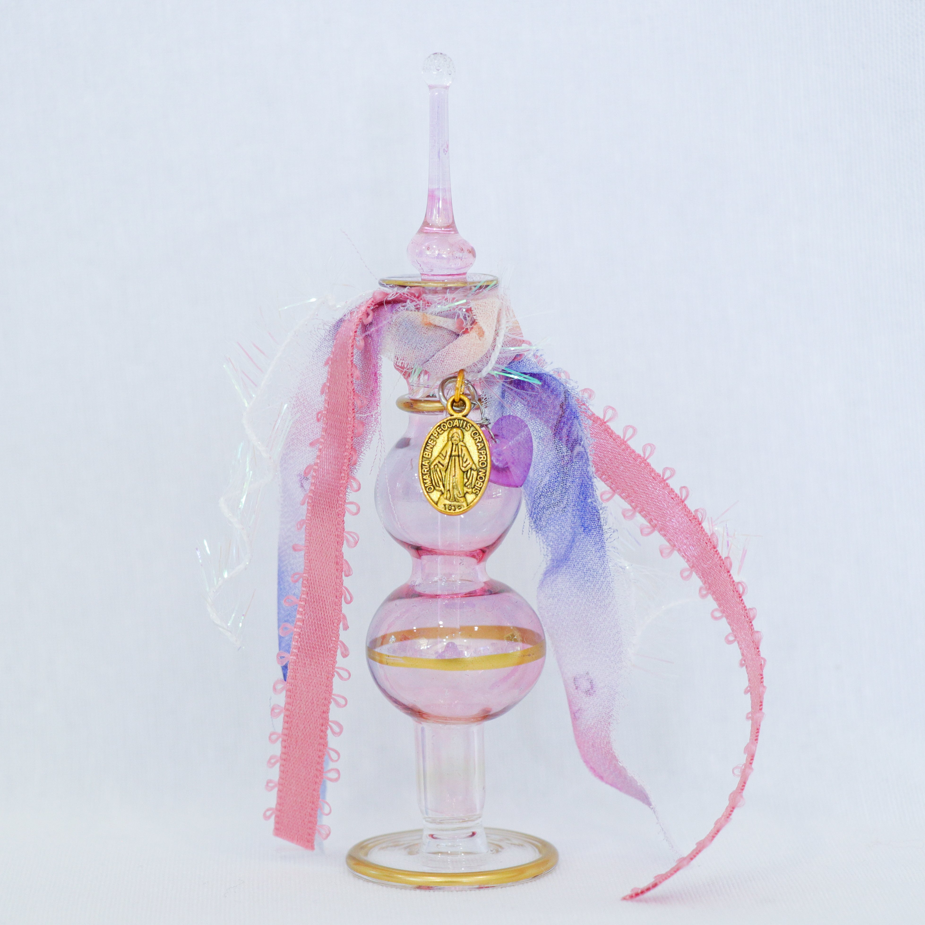 Vintage Gold Miraculous Medal in Pinks and Purples | Handmade Holy Water Vessel