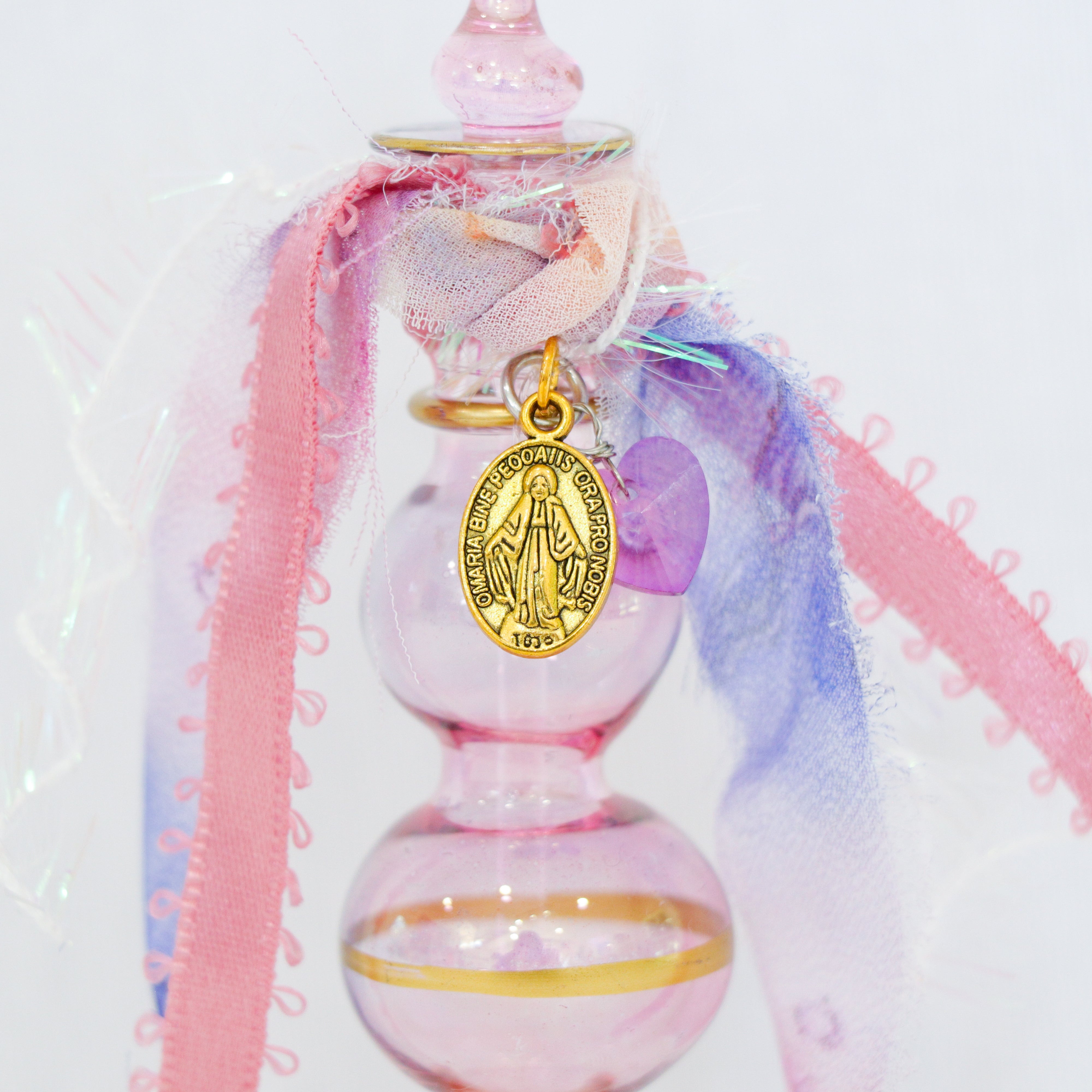 Vintage Gold Miraculous Medal in Pinks and Purples | Handmade Holy Water Vessel