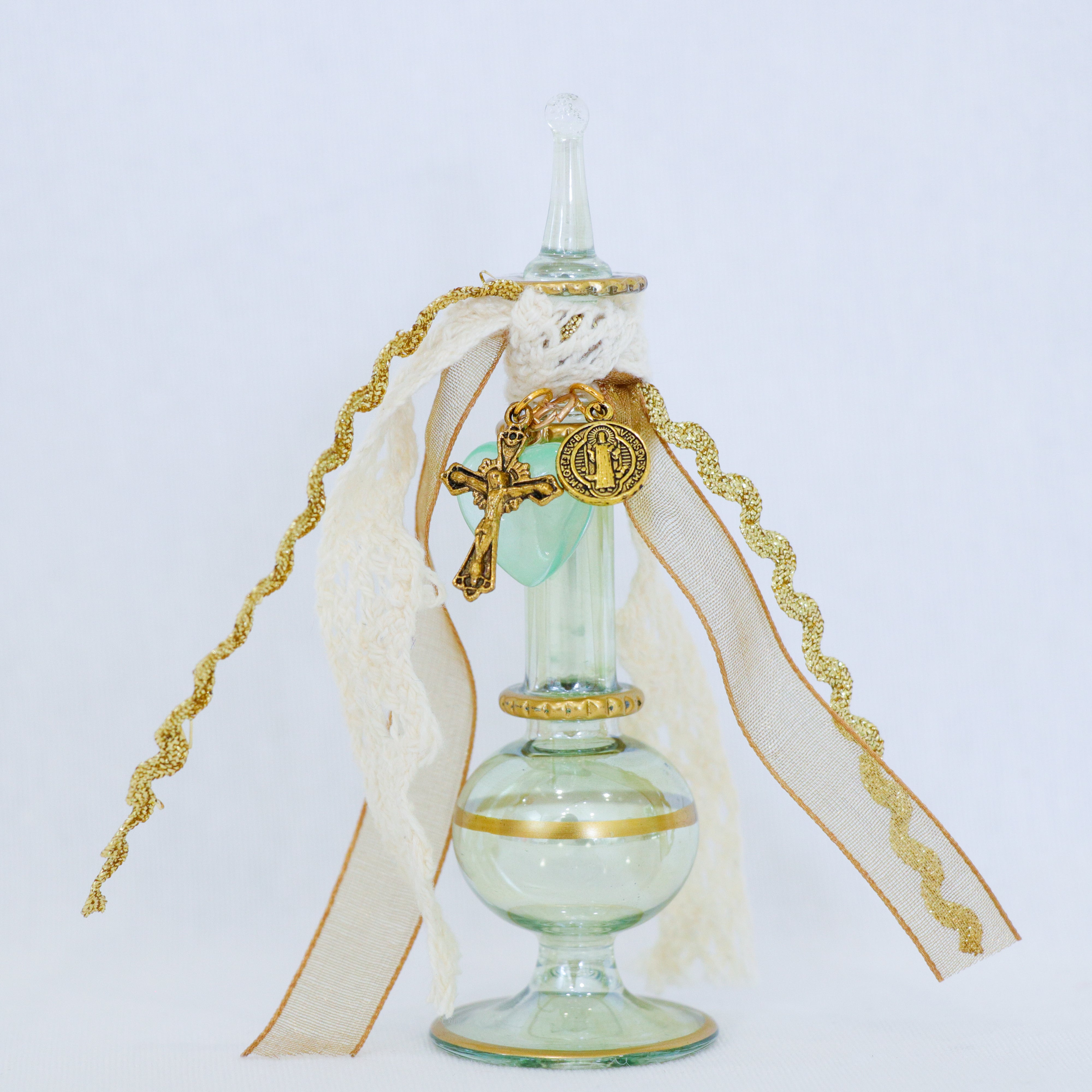 Gold Cross of Christ in Mint Green | Handmade Holy Water Vessel