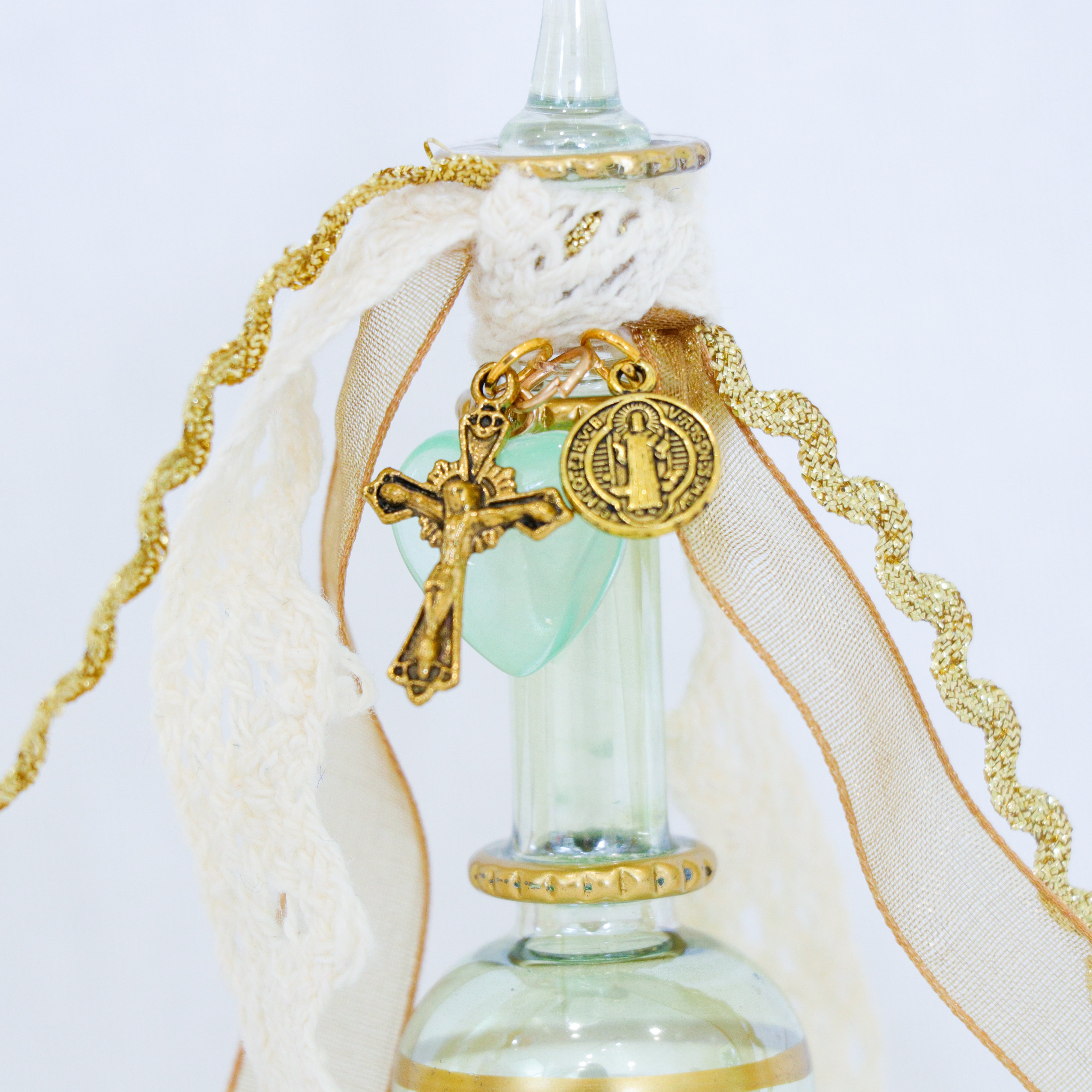 Gold Cross of Christ in Mint Green | Handmade Holy Water Vessel