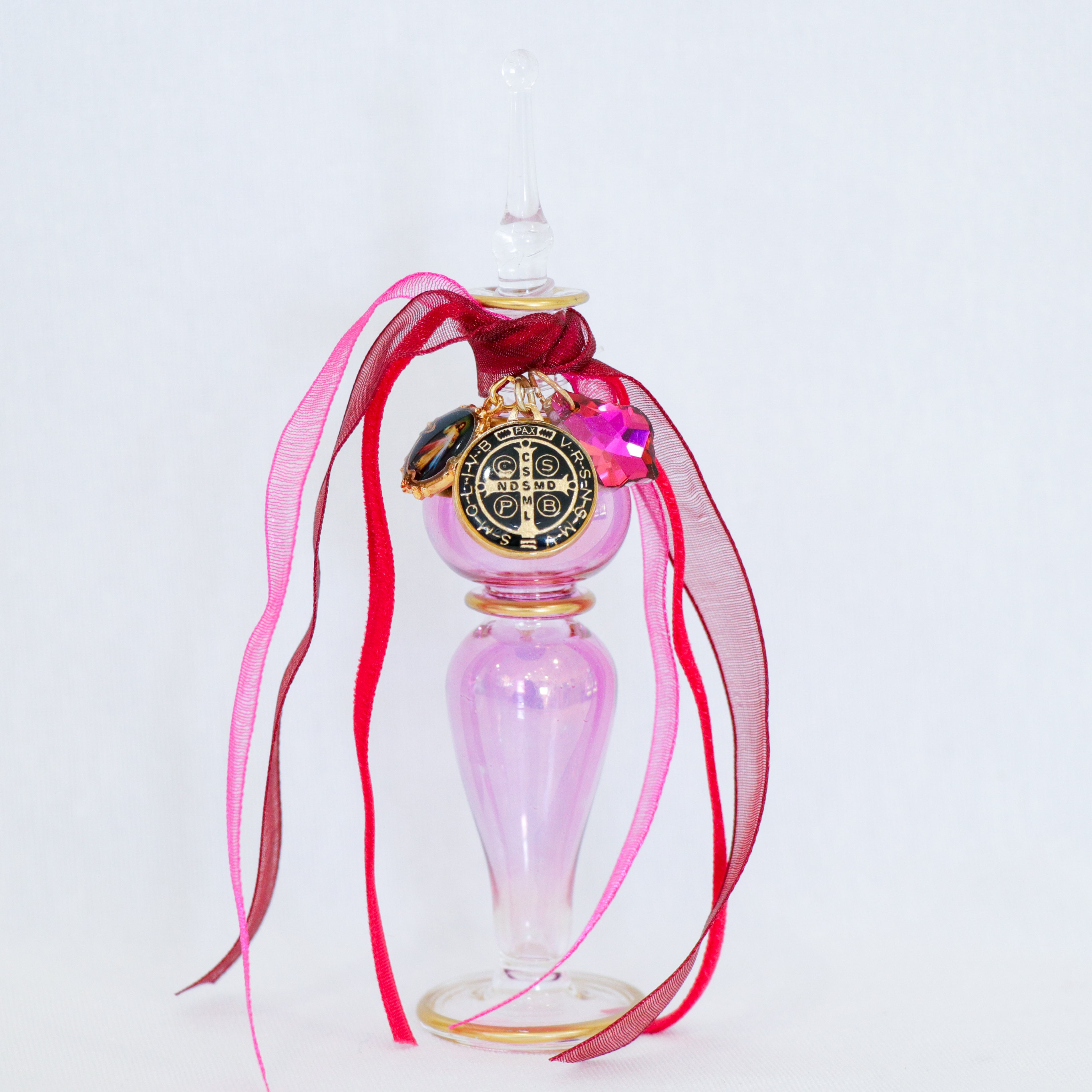 Divine Mercy and St. Benedict in Reds and Pinks | Handmade Holy Water Vessel