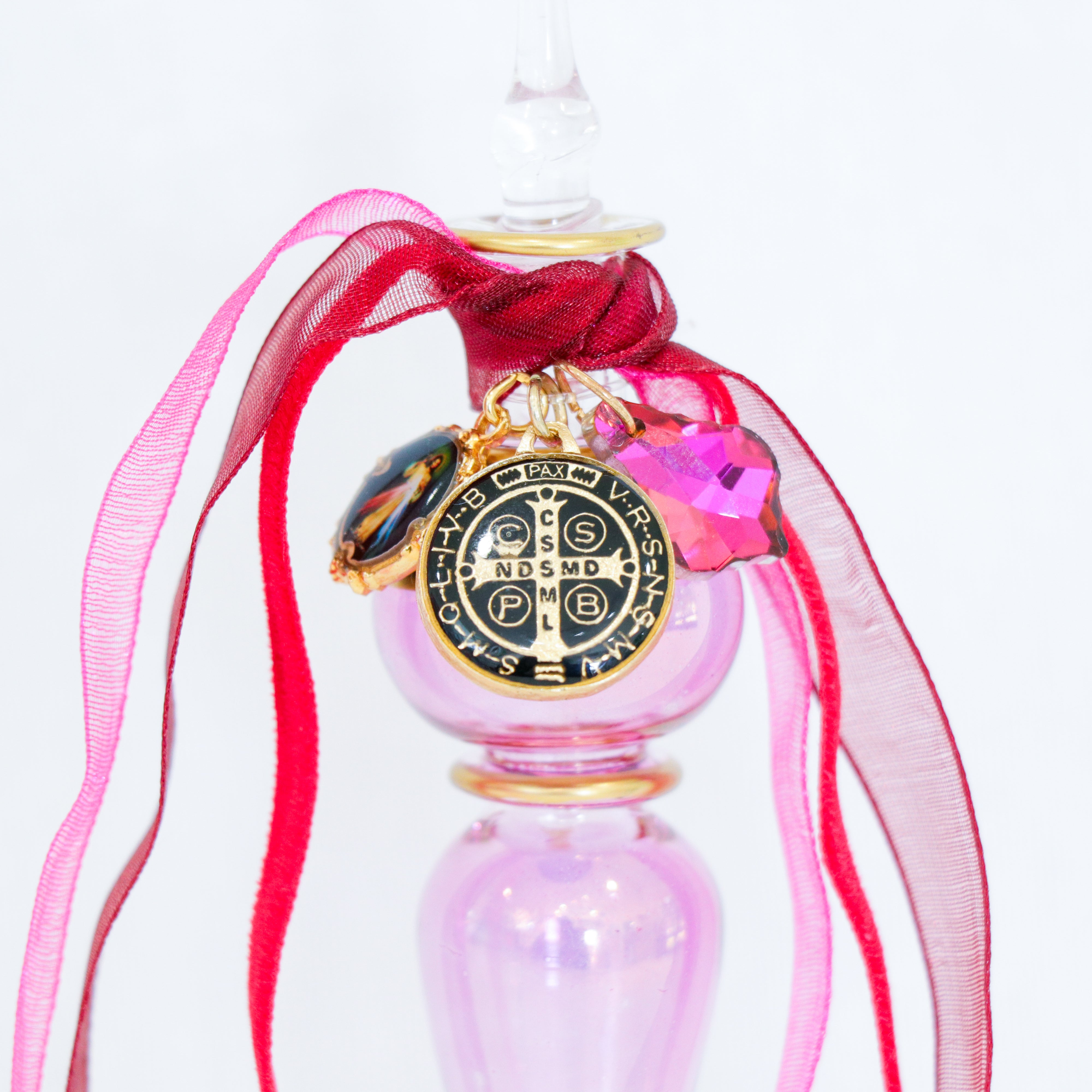 Divine Mercy and St. Benedict in Reds and Pinks | Handmade Holy Water Vessel