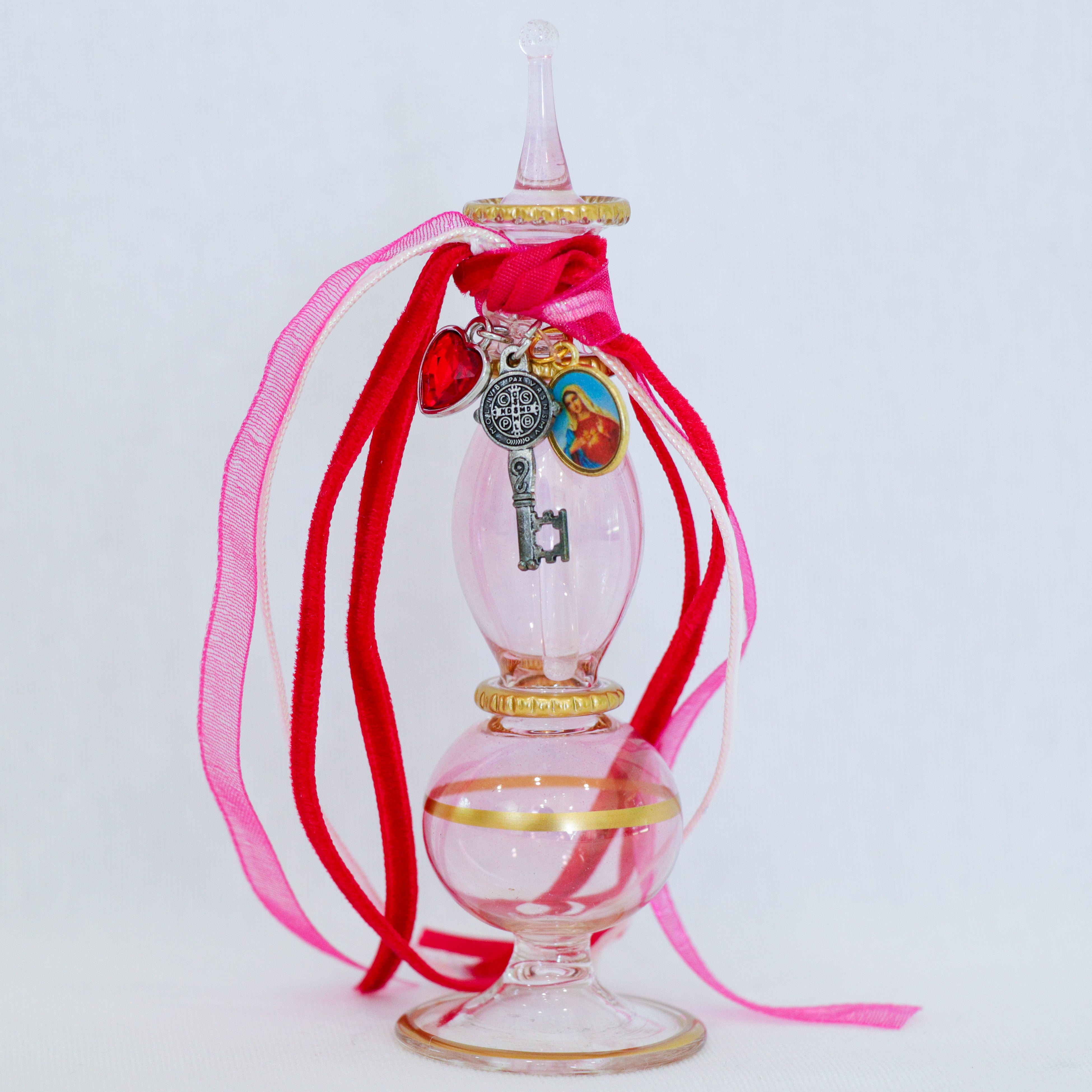 Key of St. Benedict and Immaculate Heart in Pinks | Handmade Holy Water Vessel