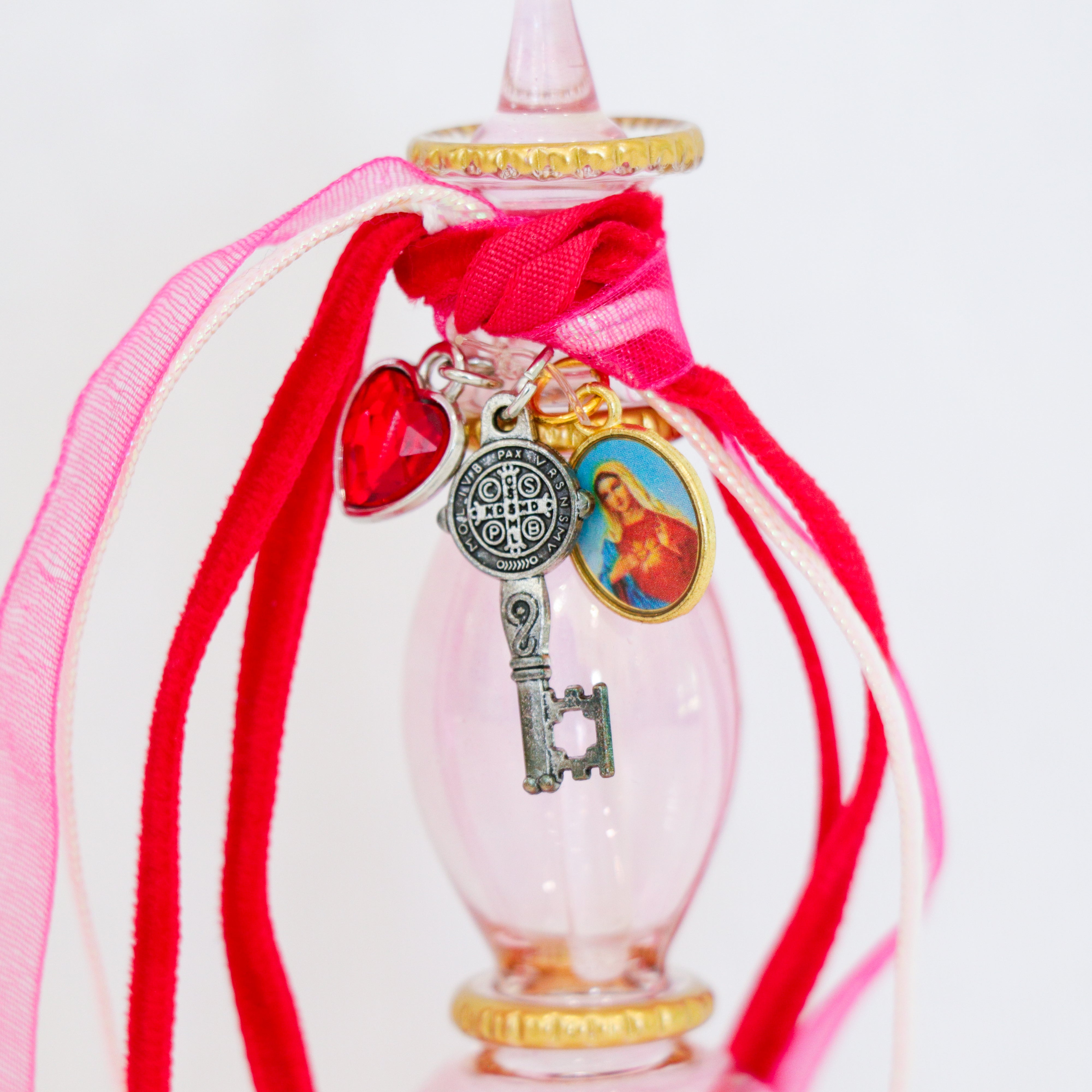 Key of St. Benedict and Immaculate Heart in Pinks | Handmade Holy Water Vessel
