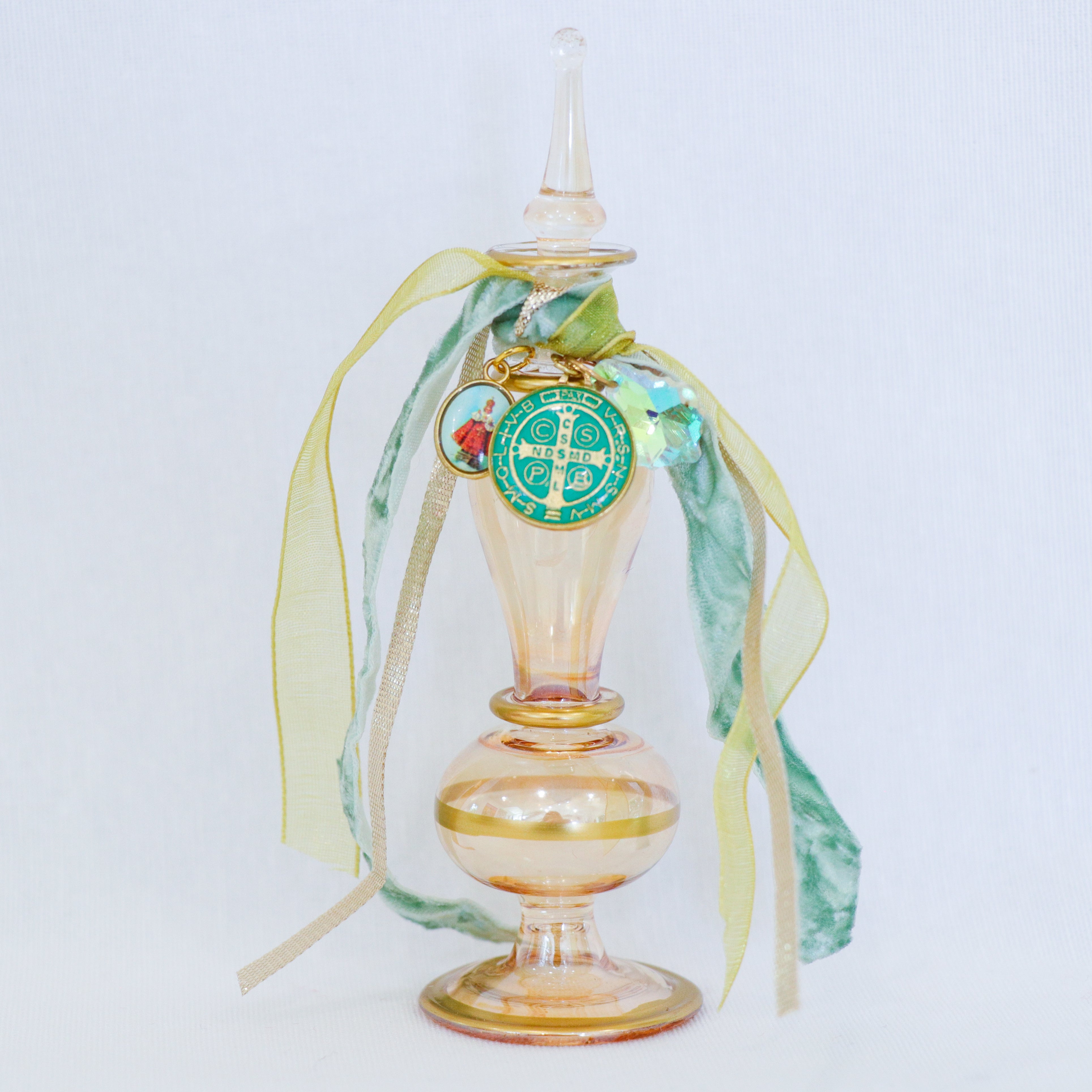 St. Benedict and the Infant in Teals and Golds | Handmade Holy Water Vessel
