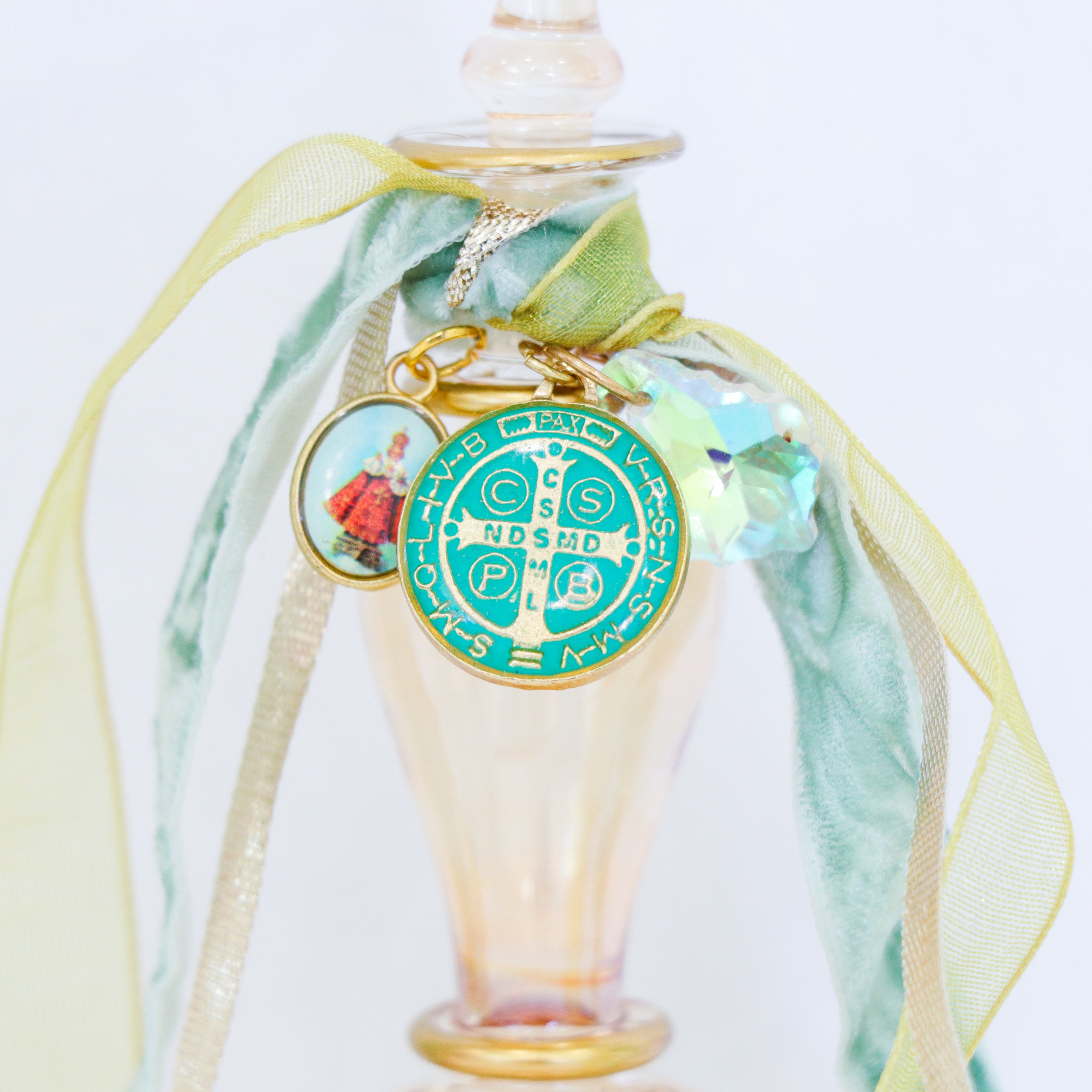 St. Benedict and the Infant in Teals and Golds | Handmade Holy Water Vessel