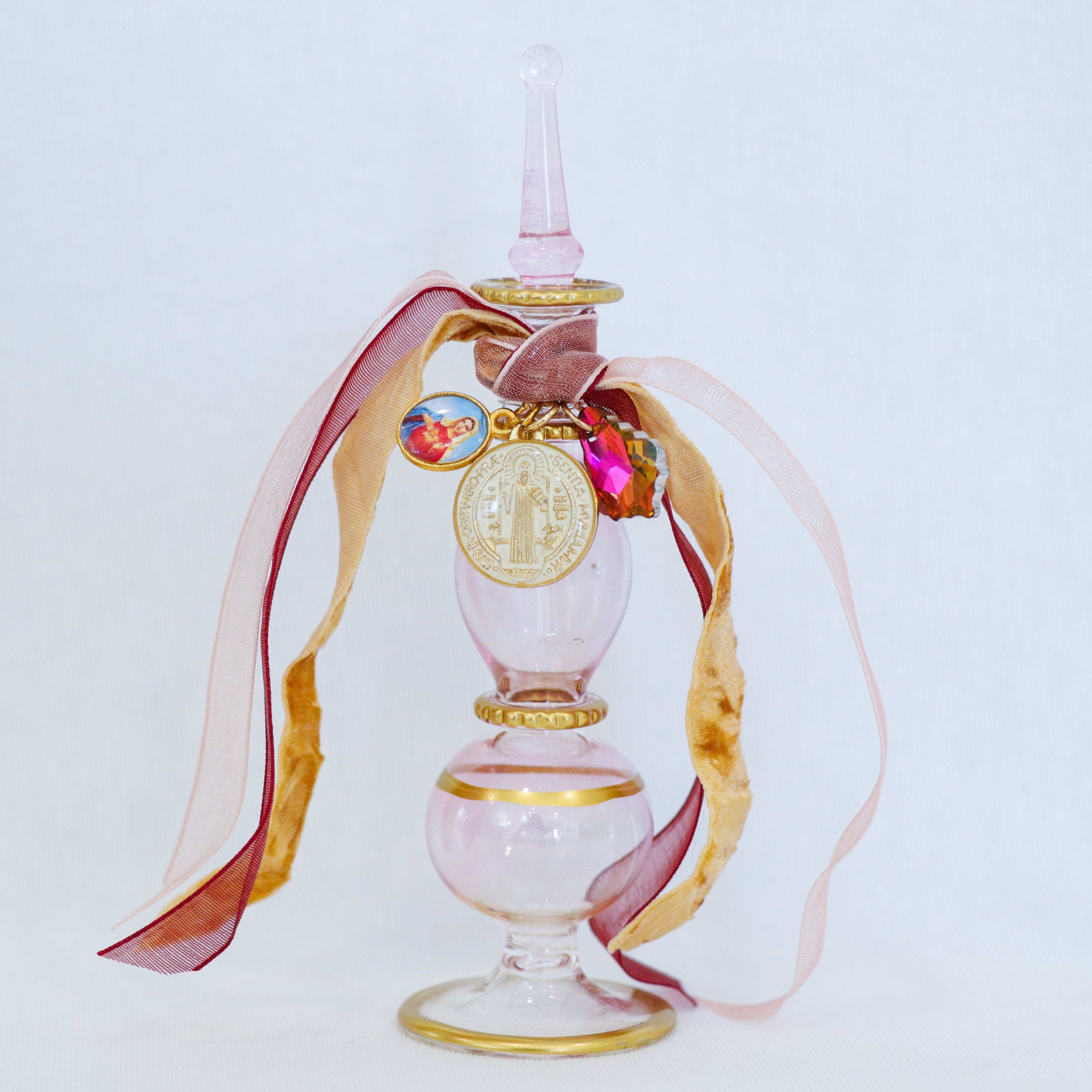 St. Benedict and the Immaculate Heart in Maroon and Gold | Handmade Holy Water Vessel