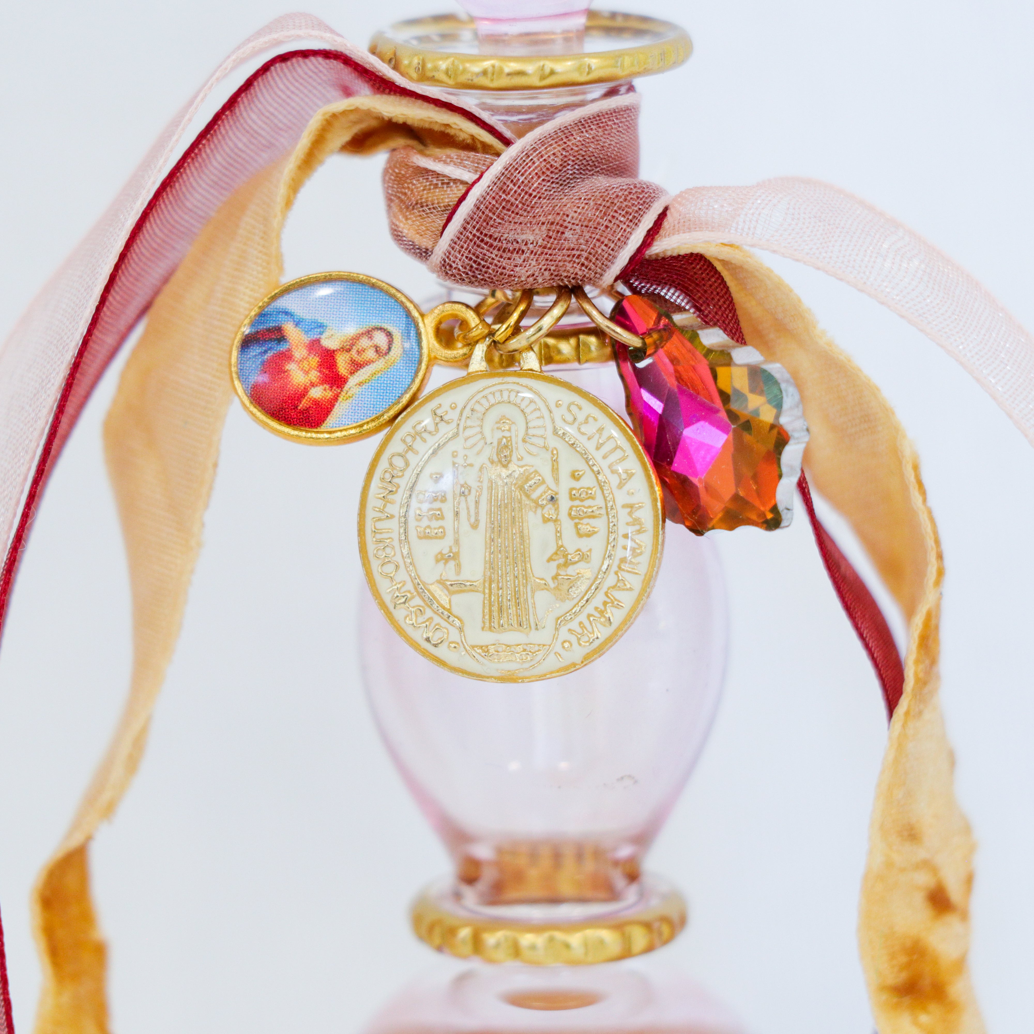 St. Benedict and the Immaculate Heart in Maroon and Gold | Handmade Holy Water Vessel