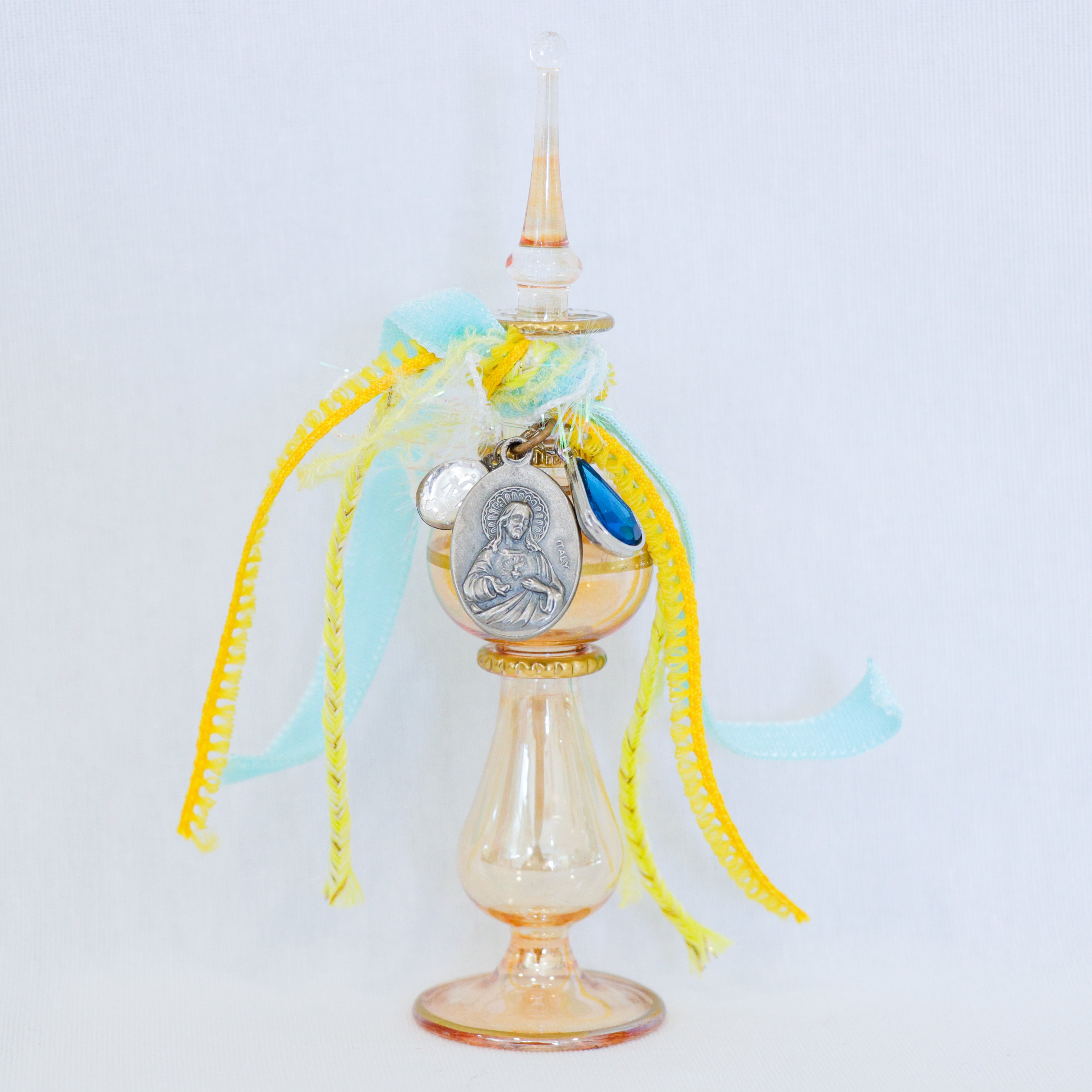 Sacred Heart of Jesus in Blue and Yellow | Handmade Holy Water Vessel