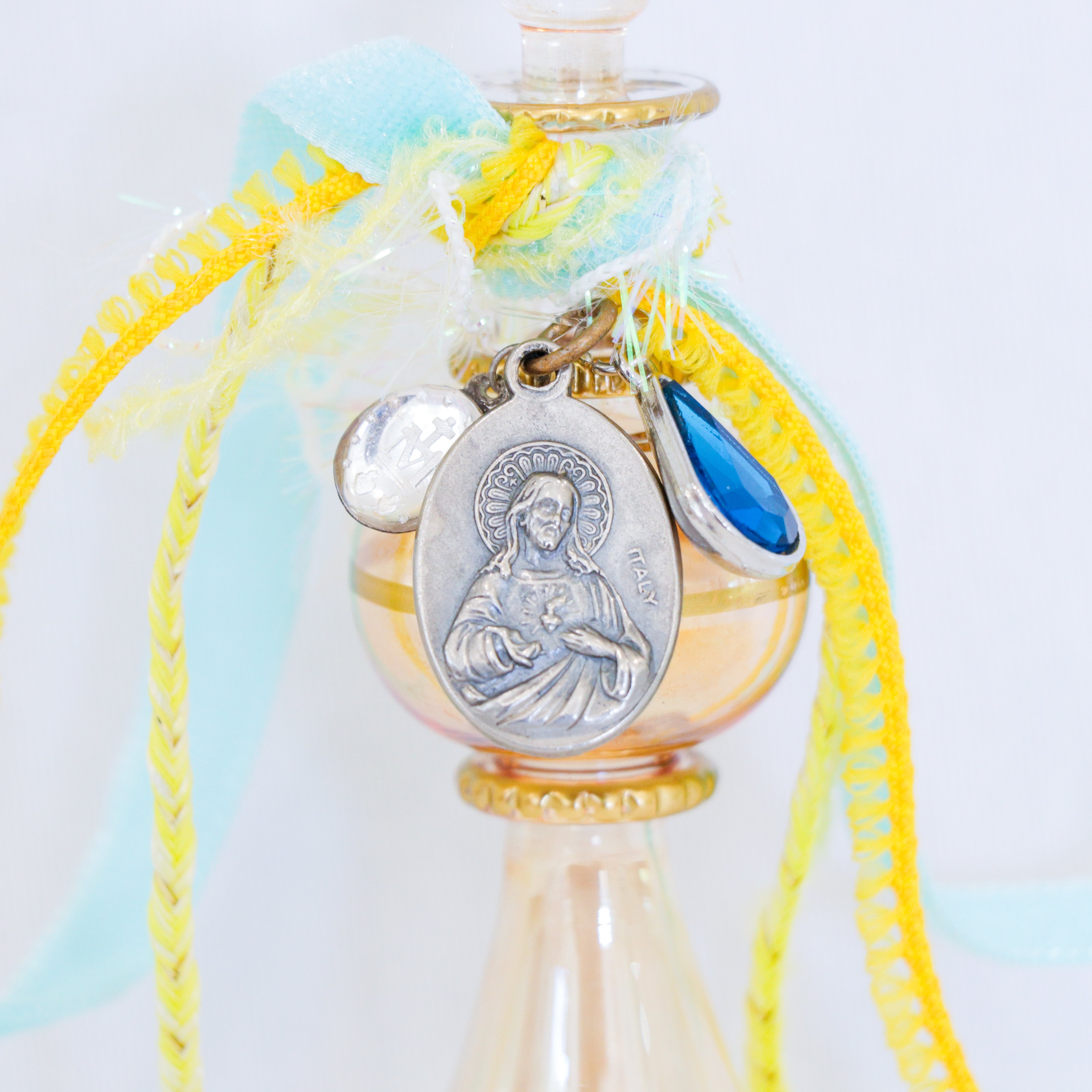 Sacred Heart of Jesus in Blue and Yellow | Handmade Holy Water Vessel