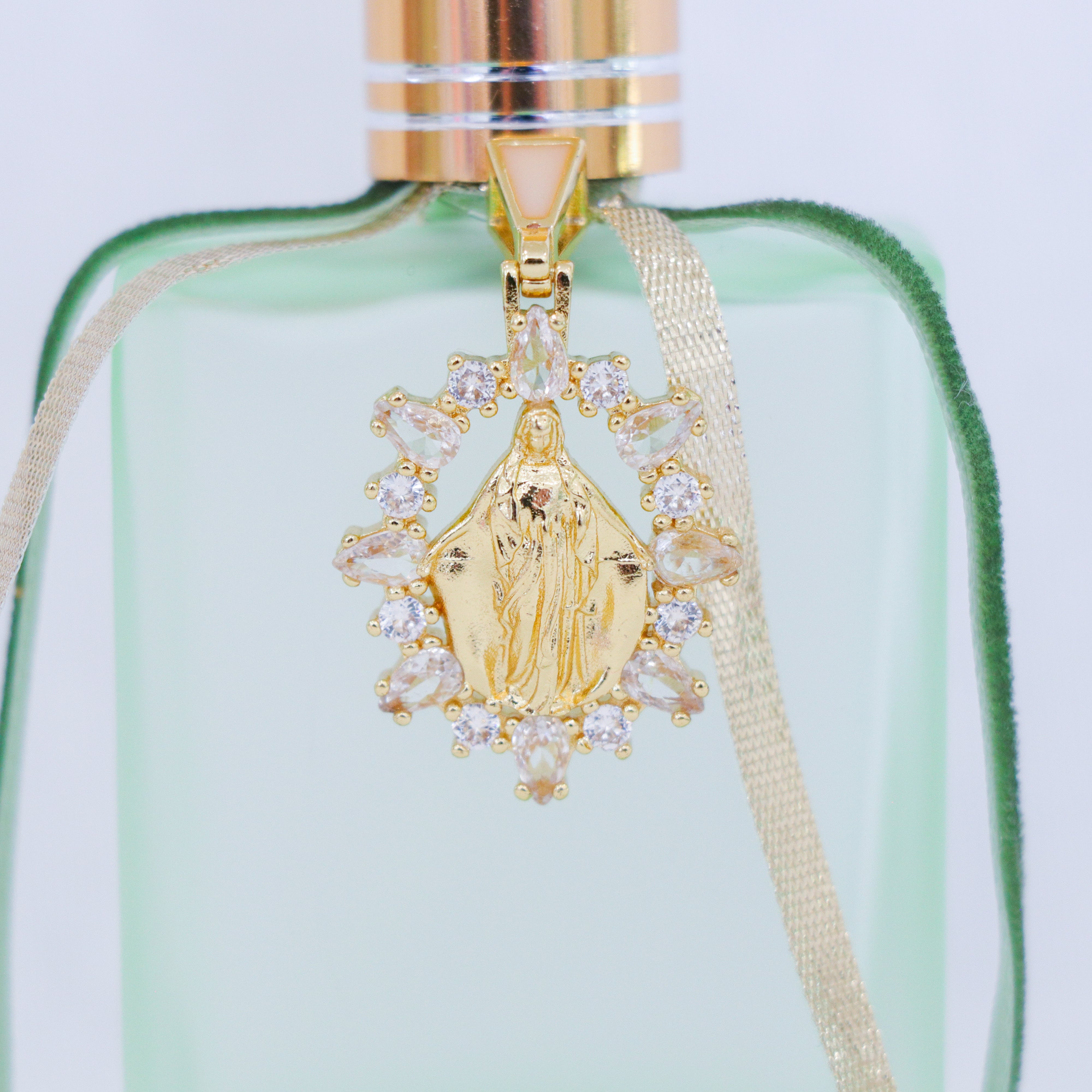 Virgin Mary in Greens and Golds | Handmade Holy Water Spray