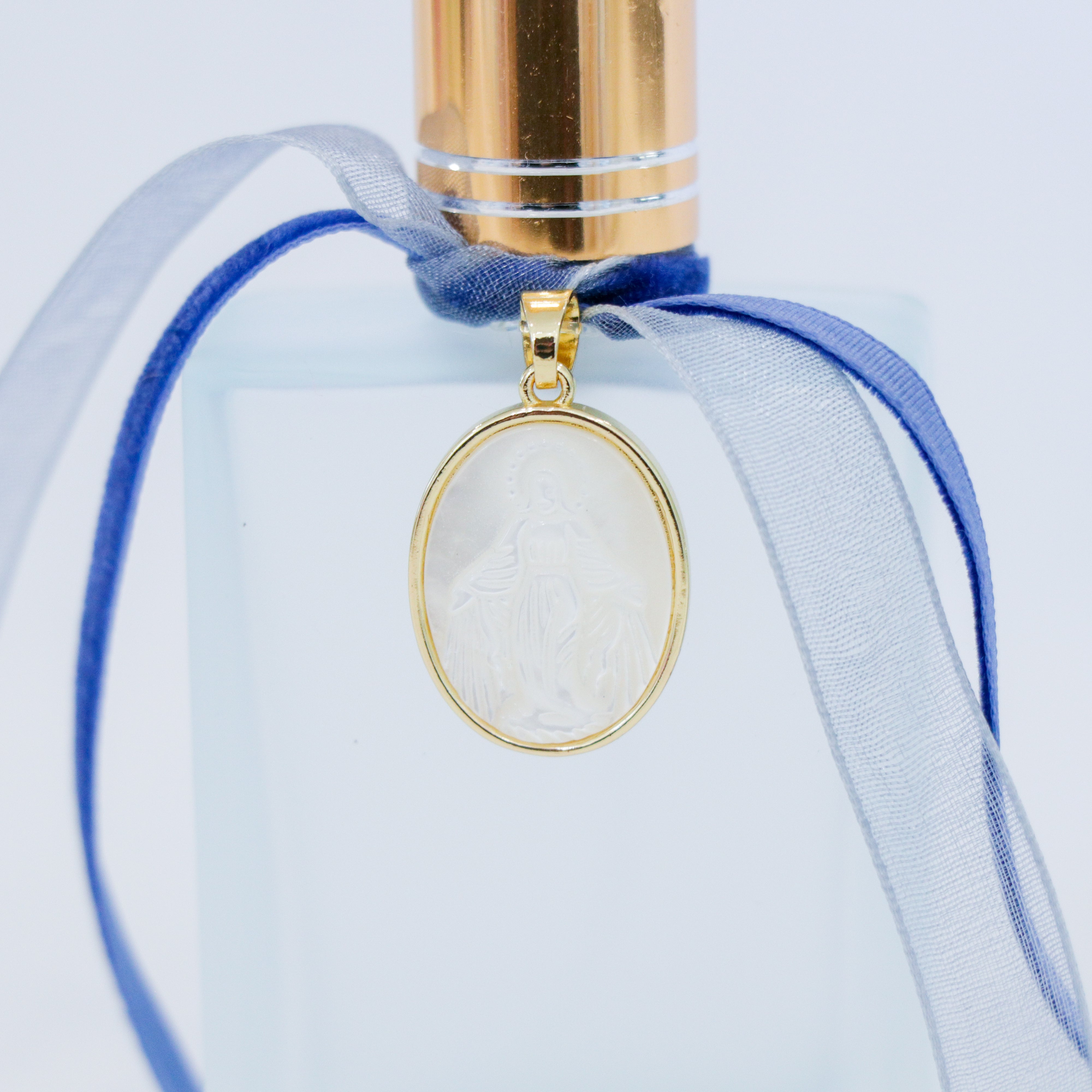 Mary of the Miraculous Medal in Blue | Handmade Holy Water Spray