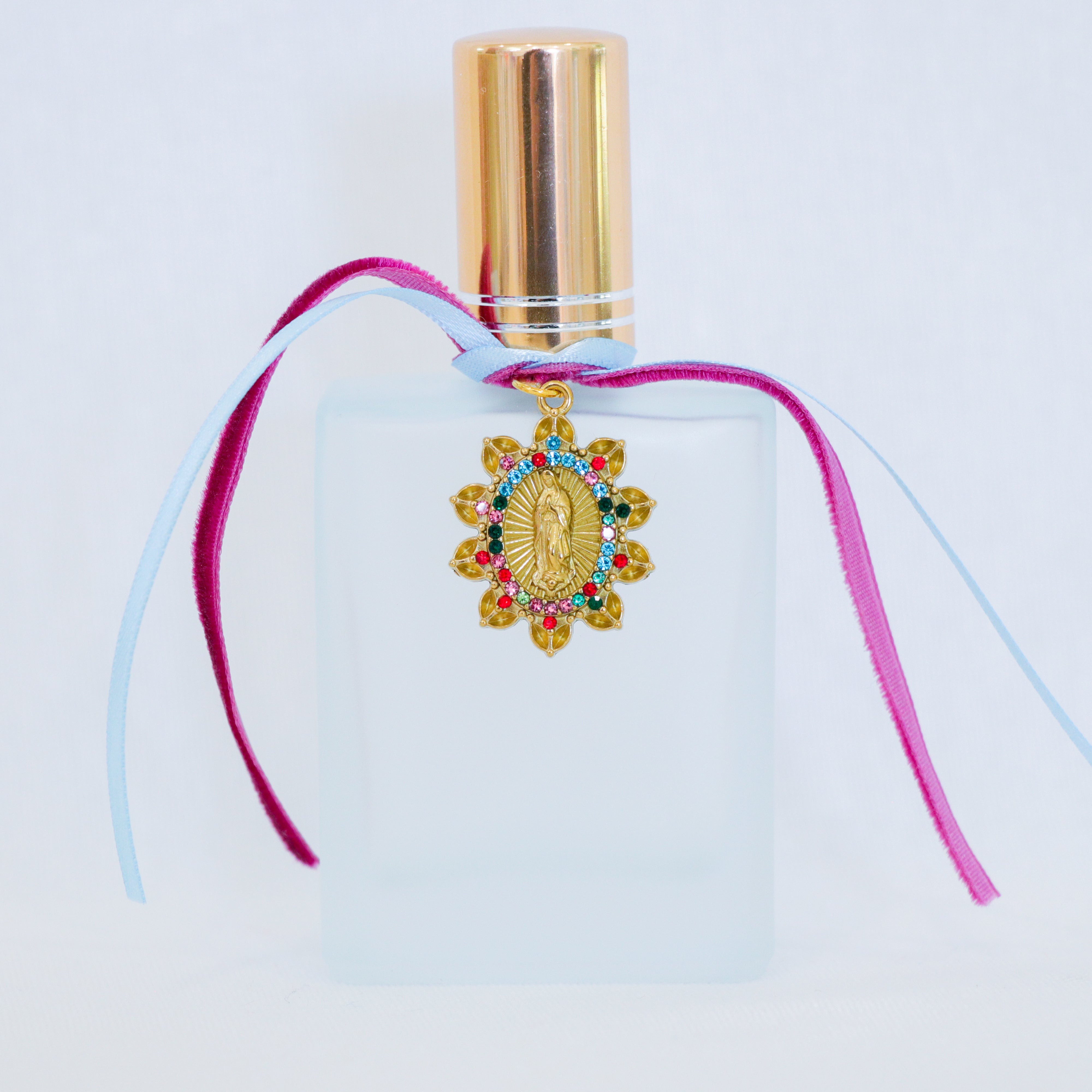 Our Lady of Guadalupe in Blues and Pinks | Handmade Holy Water Spray