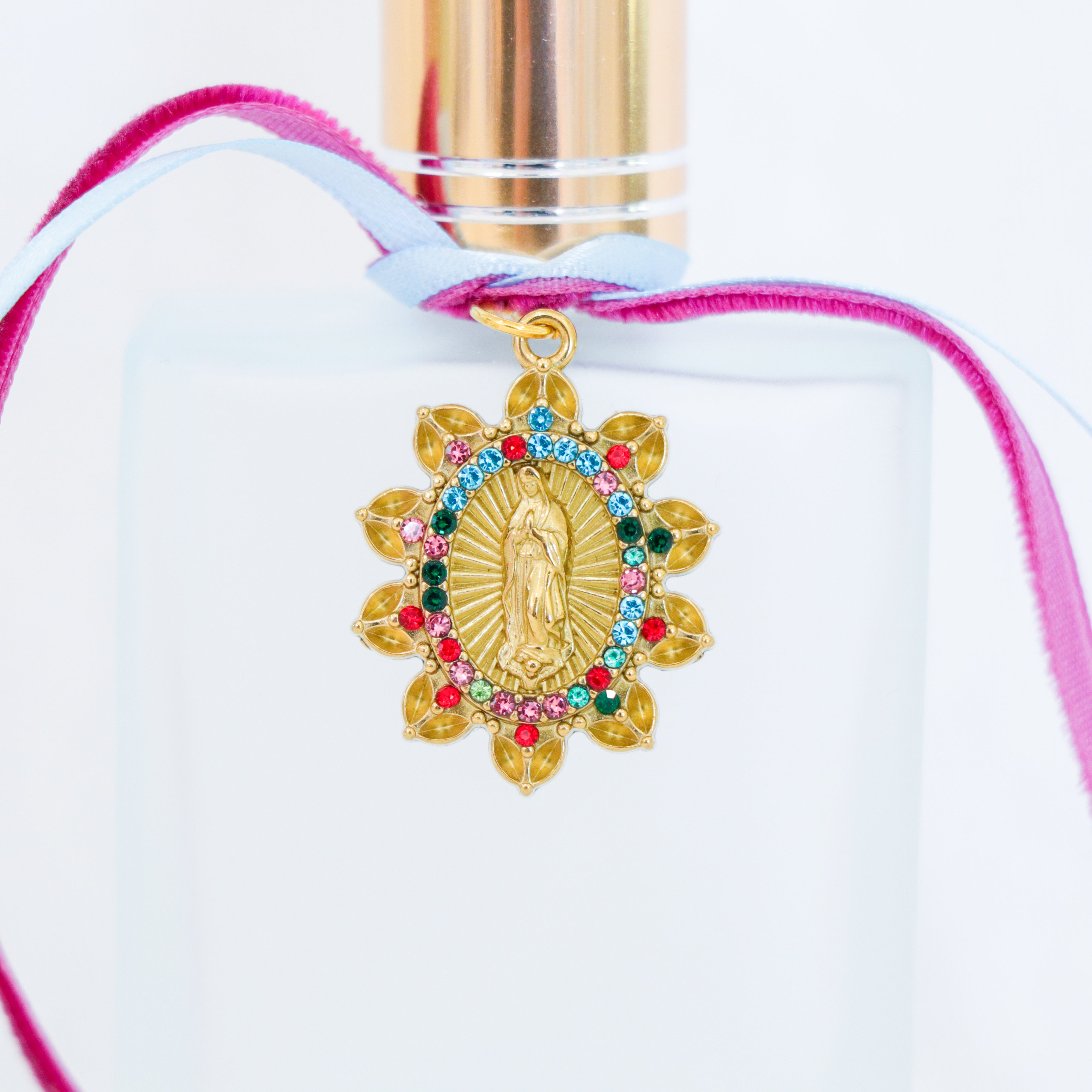 Our Lady of Guadalupe in Blues and Pinks | Handmade Holy Water Spray