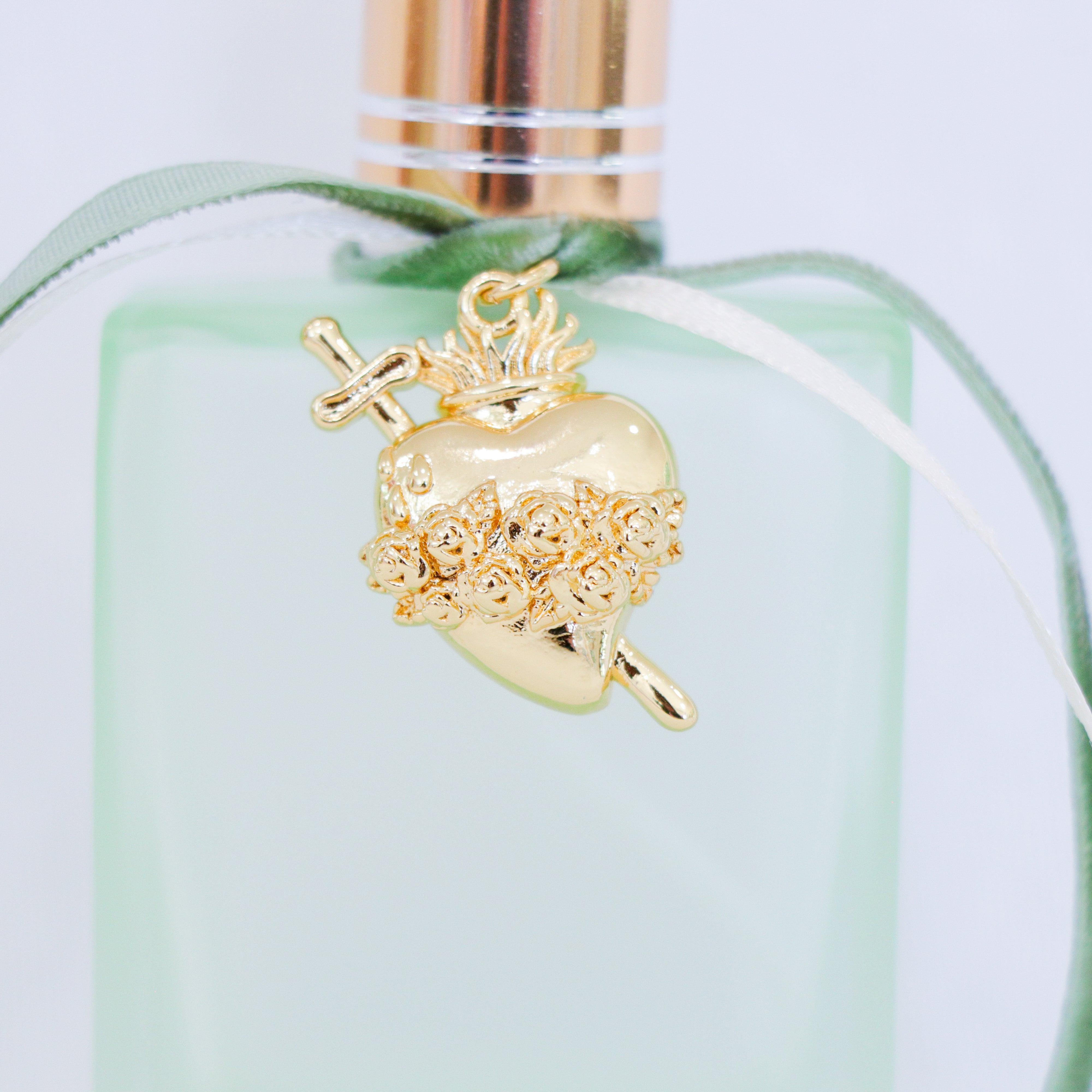 Immaculate Heart of Mary in Green and Gold | Handmade Holy Water Spray