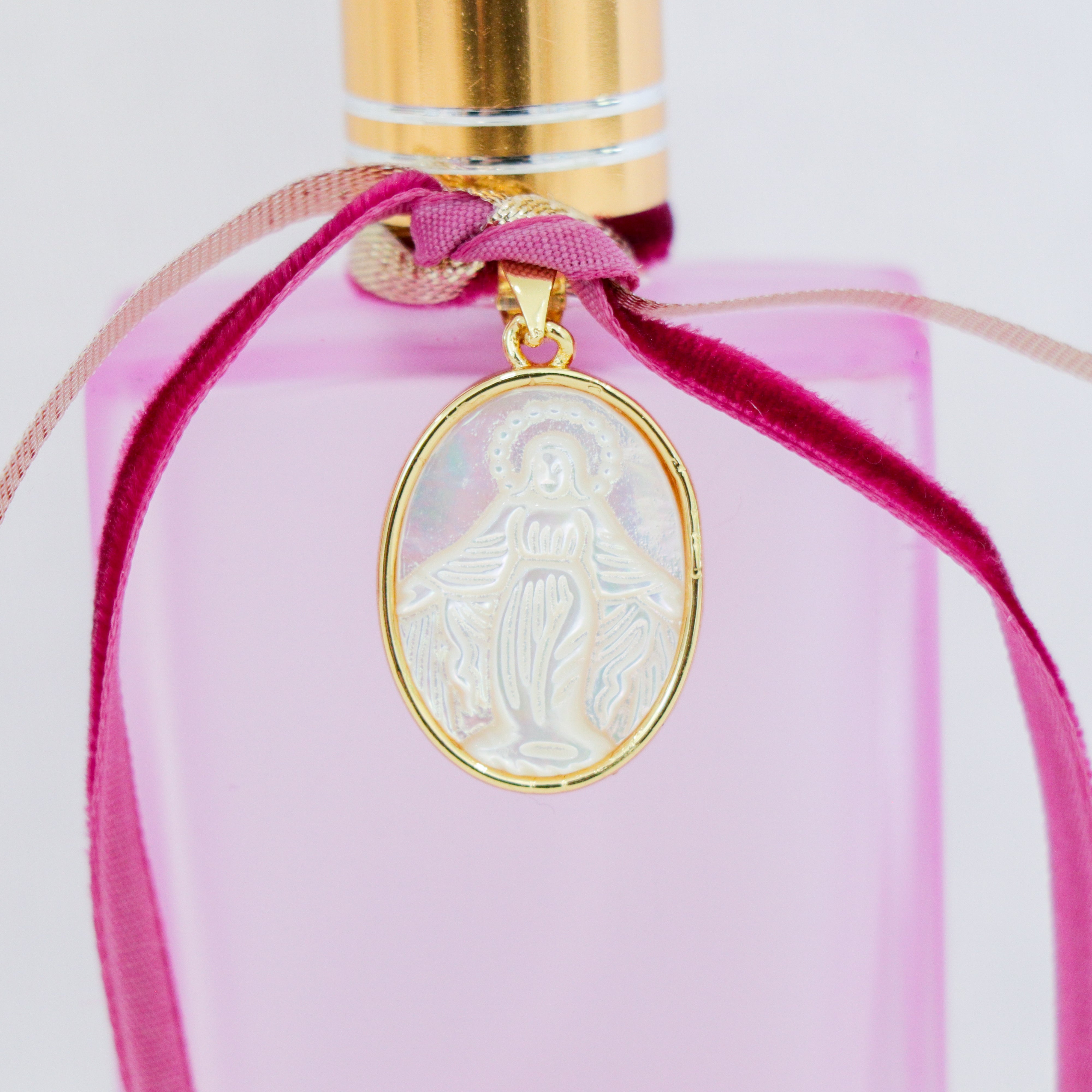 Mary of the Miraculous Medal in Pink | Handmade Holy Water Spray
