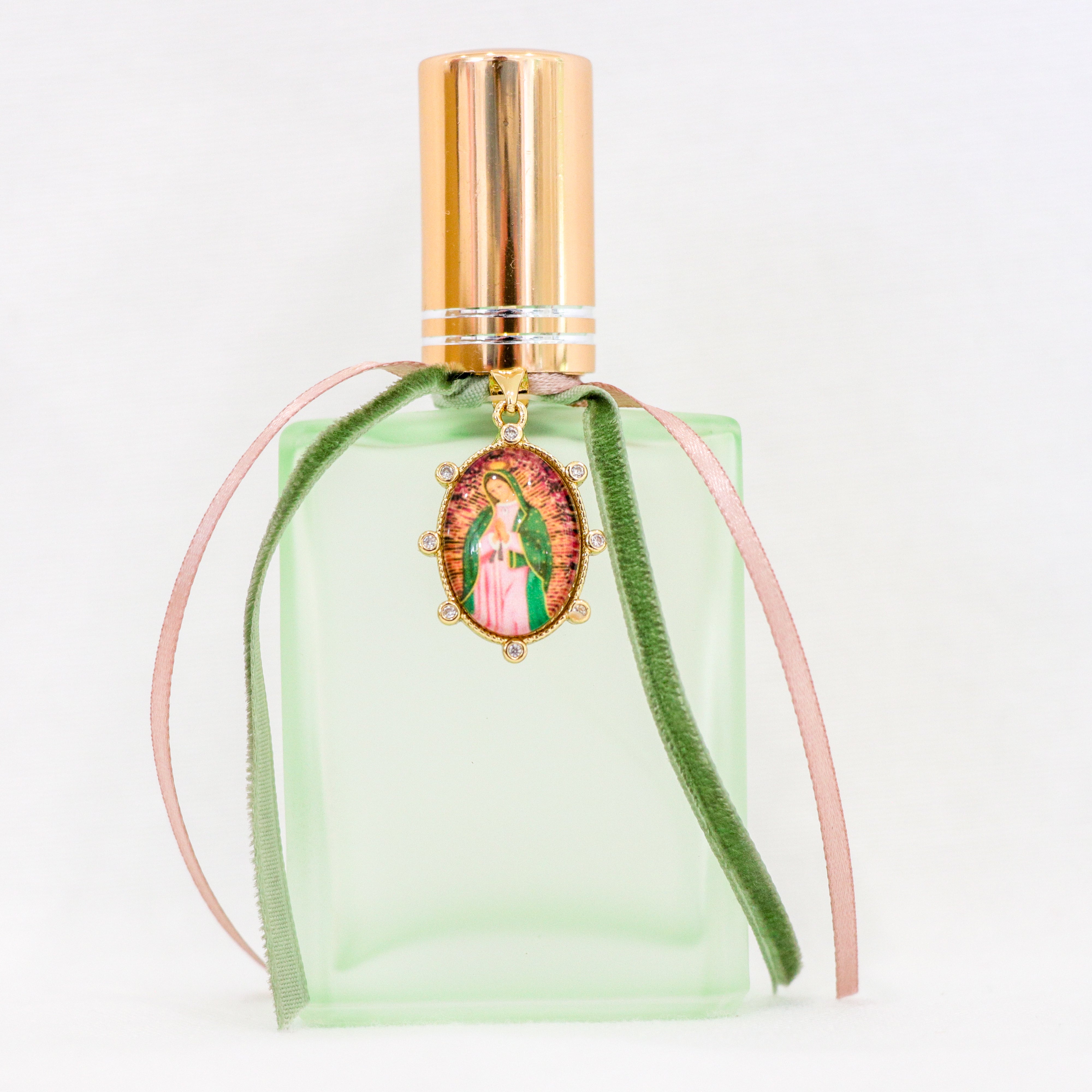 Our Lady of Guadalupe in Green and Pink | Handmade Holy Water Spray